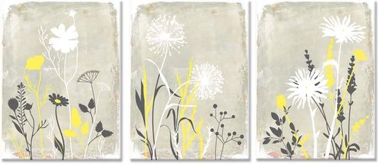 3 Pieces Yellow and Grey Flowers Wall Art Abstract Smiple Life Dandelion Floral Plant Art Print for Bathroom Bedroom Home Decor Stretched and Framed Ready to Hang 12X16Inchx3Pcs