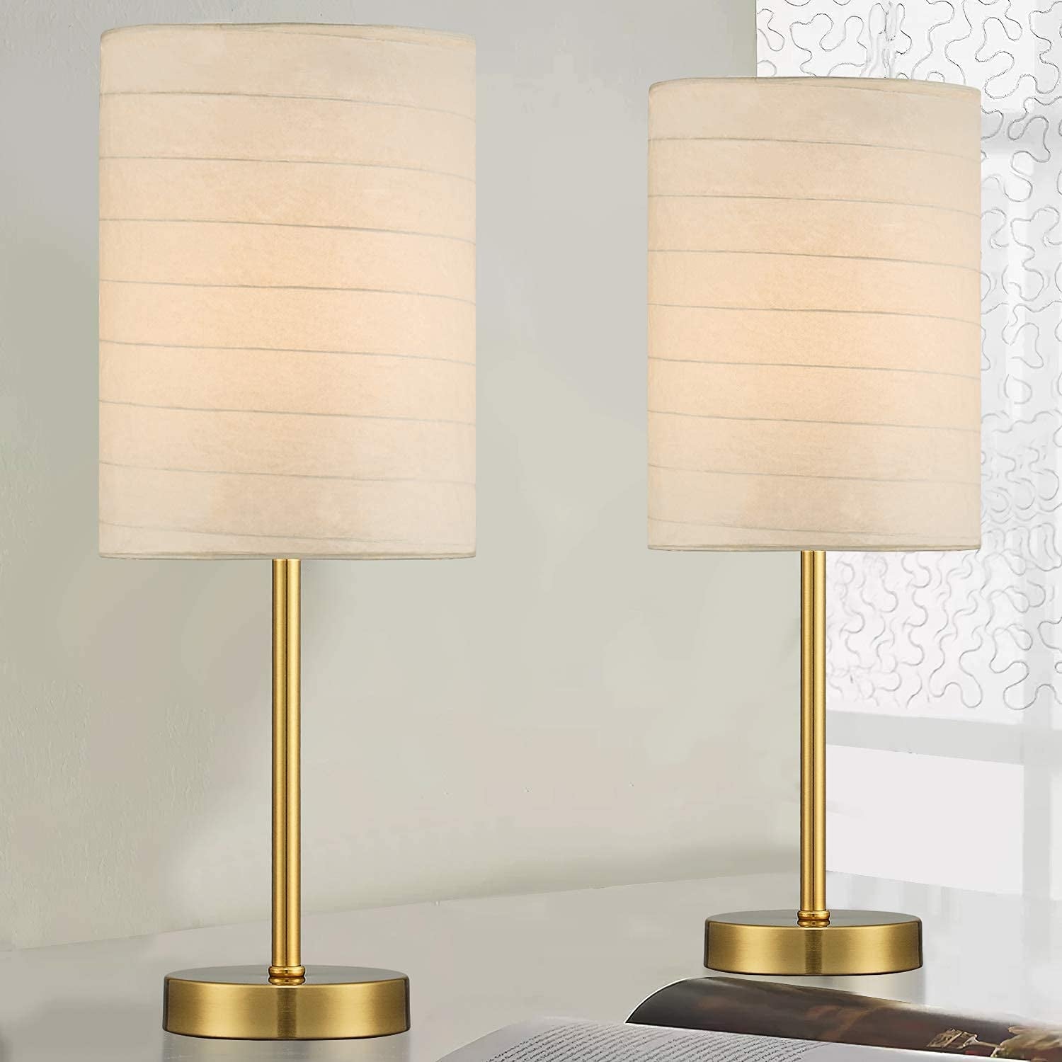 PORTRES 18.75'' Traditonal Accent Table Lamp Set of 2 for Bedroom Desk Lamps for Living Room Kids Room Study Room Office Rustic Decor Nightstand Rice Paper Lamps (Gold)