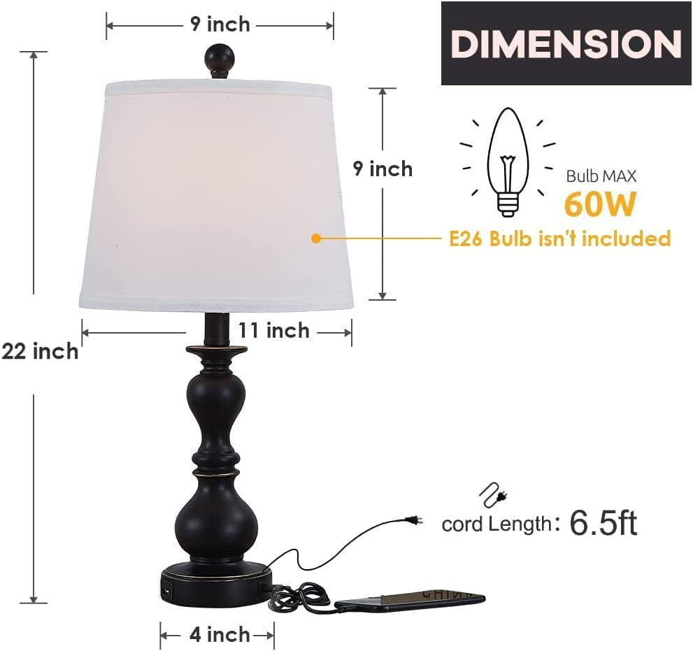 Resin Table Lamp Sets of 2 for Bedroom Living Room Plug in Bedside Nightstand Light Lamps with 2 USB Ports White Fabric Shade, 22In 2-Pack(Black)