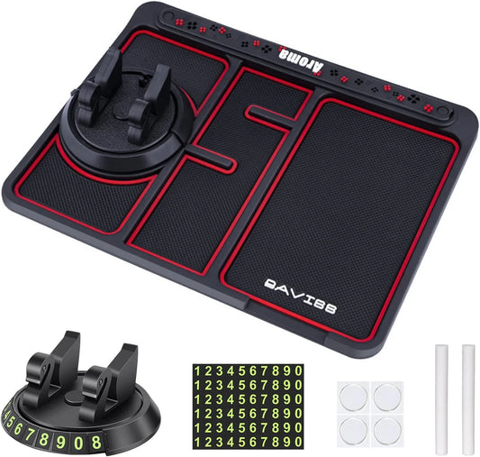 Non-Slip Phone Pad for 4-In-1 Car, Multifunctional Dashboard Anti-Slip Rubber Pad Mat，Universal 360°Rotation Car Phone Holder，With Replaceable Temporary Parking Card Number Plate and Aromatherapy