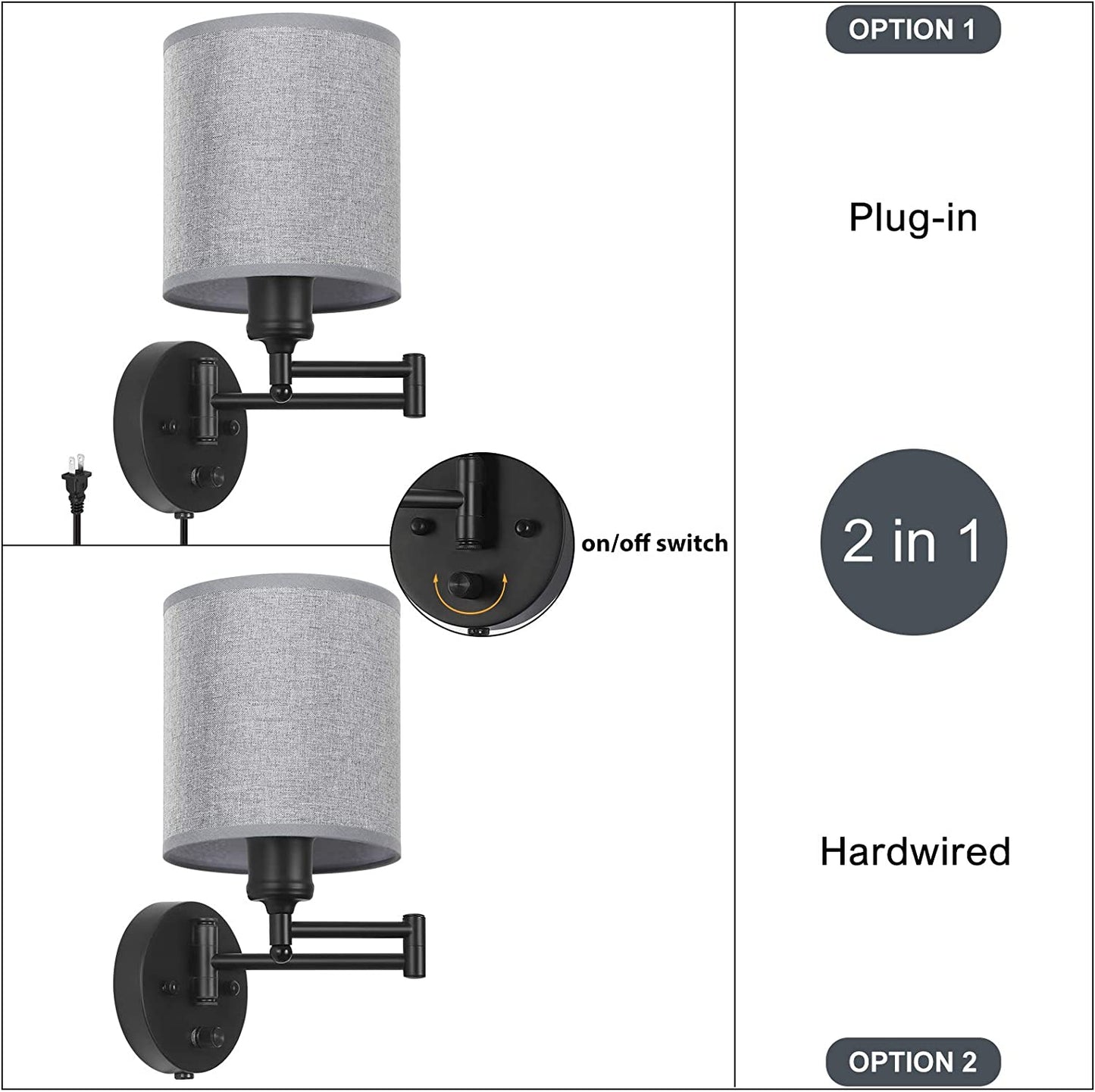 Plug in Wall Light Fixtures, Set of 2 Swing Arm Wall Lamps with Grey Linen Lampshade, Modern Bedside Wall Sconce for Bedroom Hallway Living Room Study