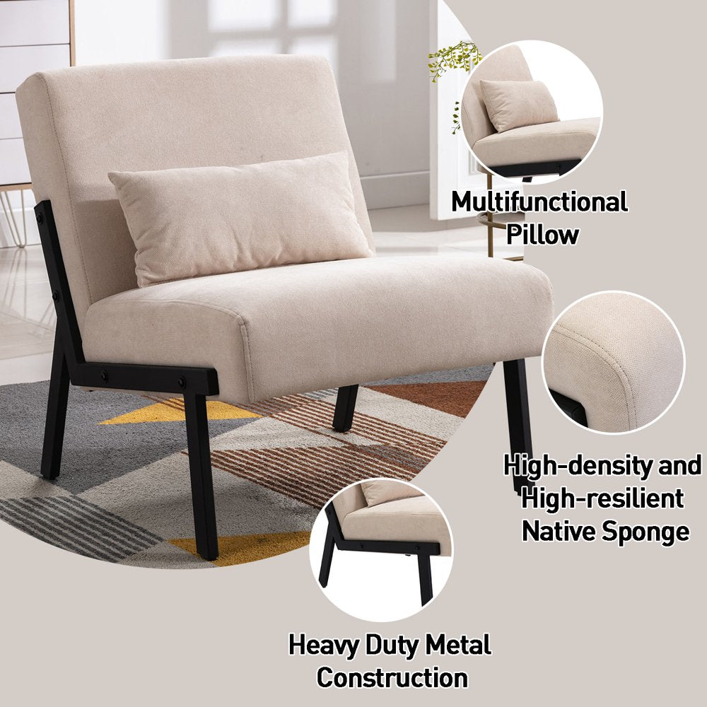 Cream Accent Chair for Living Room Tuffed Upholstered Sofa Chairs Fabric Armless Contemporary Accent Chair Mid Century Fabric Roll Arm Living Room Chair with Metal Legs