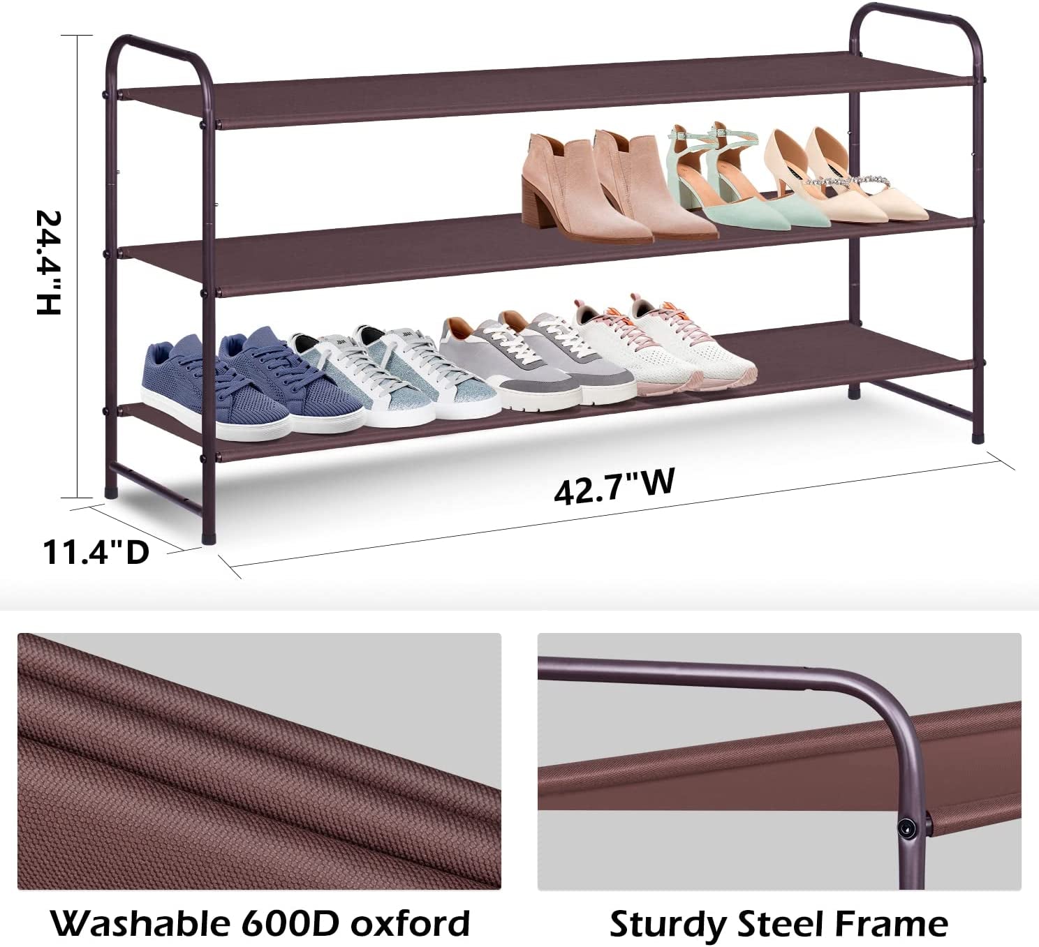 3-Tier Long Shoe Rack for Closet Stackable Wide Shoe Shelf Organizer and Storage for Floor, Entryway (Bronze)