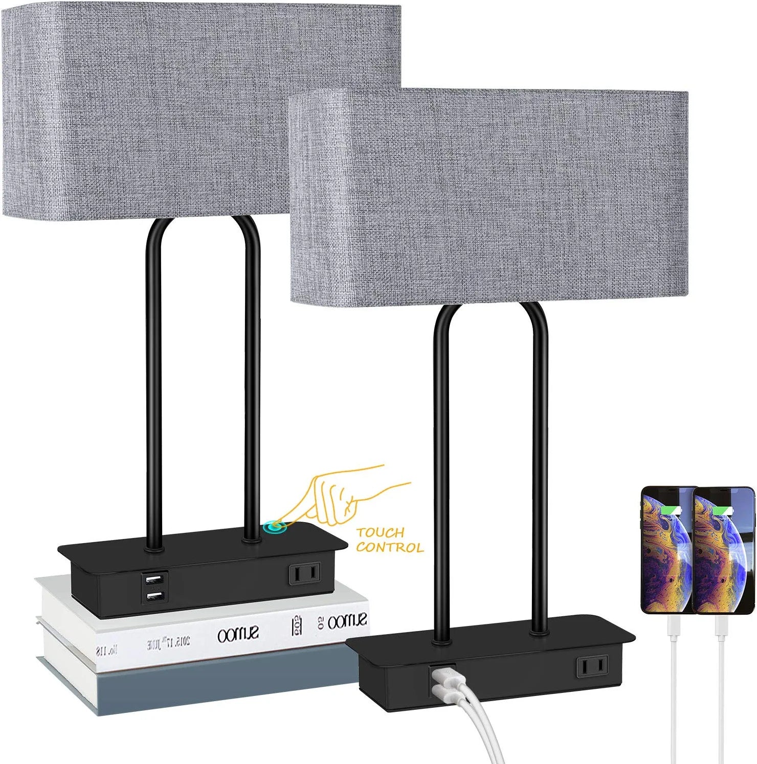 Set of 2 Touch Control 3-Way Dimmable Table Lamp with 2 USB Ports &1 AC Outlet, Modern Bedside Nightstand Lamps with Fabric Shade, Desk Lamps for Bedroom Living Room Grey, Bulbs Included