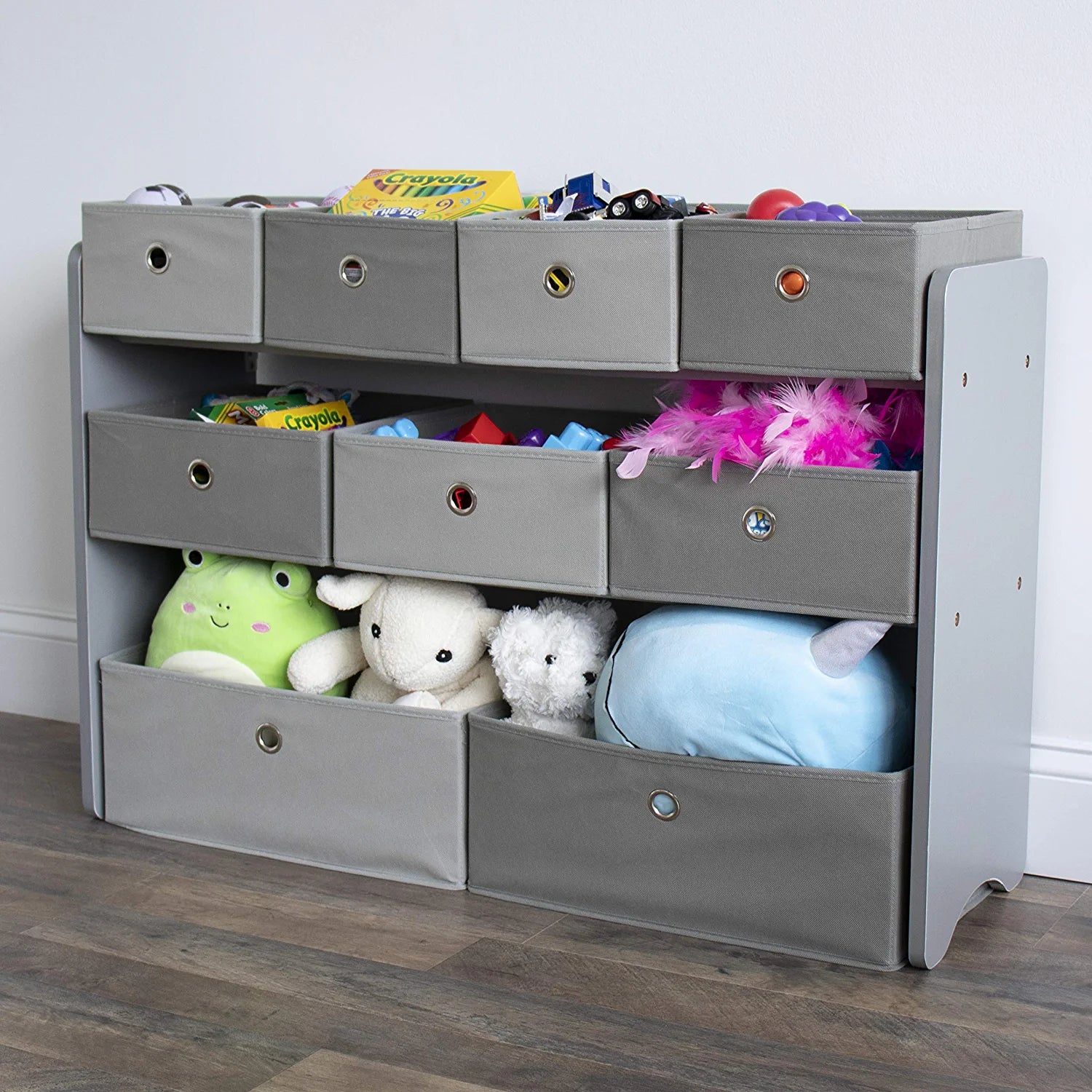 Kids Toy Organizer with 9 Storage Fabric Bins, Grey