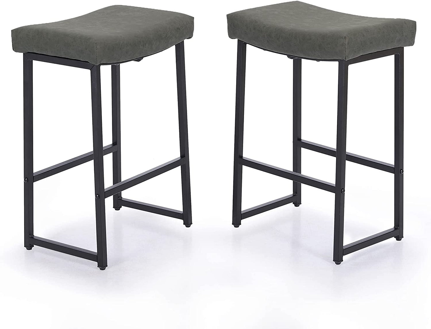 Grey Bar Stools Set of 2 Counter Height 24 Inches Saddle Stools for Kitchen Counter Backless Modern Barstools Upholstered Faux Leather Stools Farmhouse Island Chairs, Grey, 2Pcs