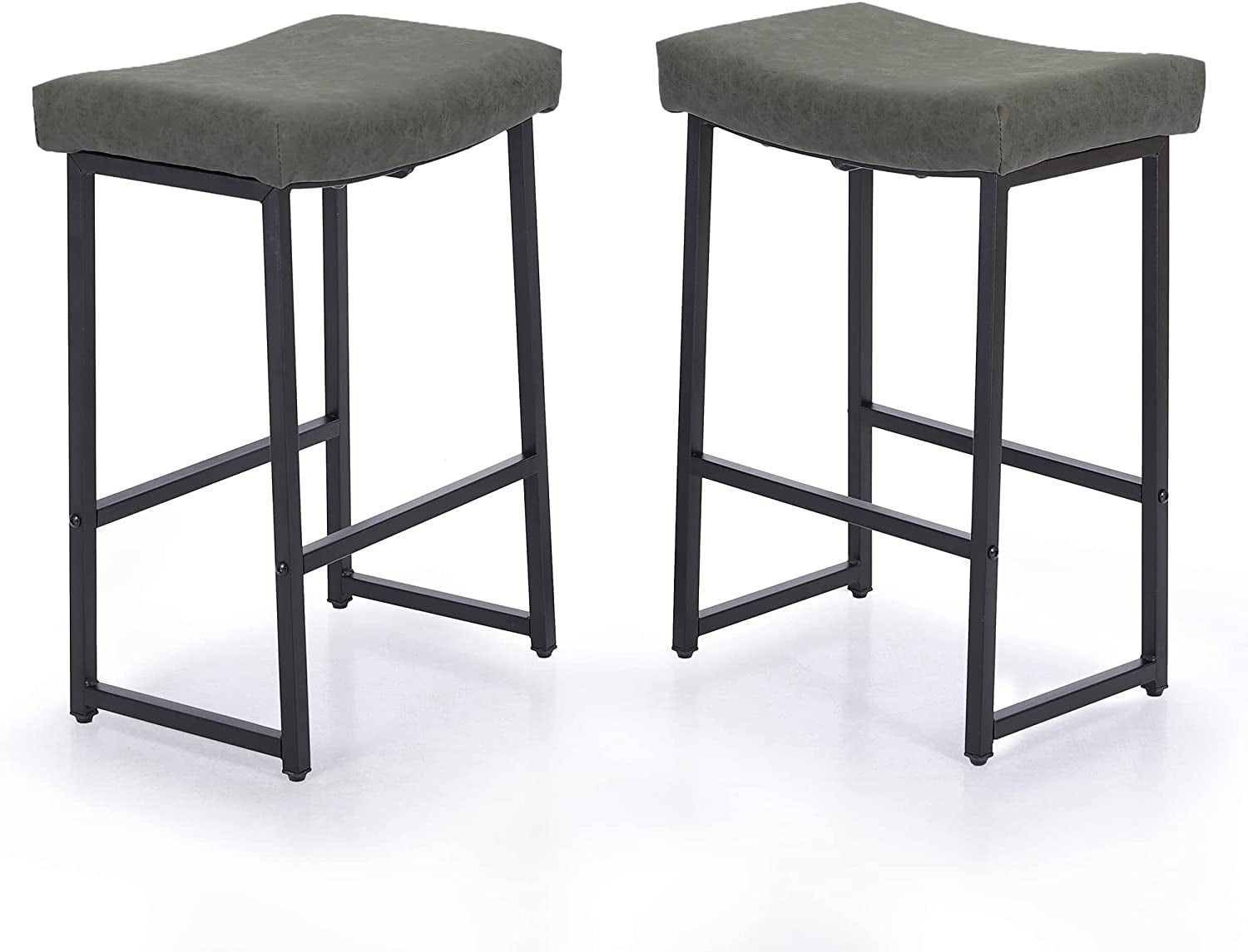 Grey Bar Stools Set of 2 Counter Height 24 Inches Saddle Stools for Kitchen Counter Backless Modern Barstools Upholstered Faux Leather Stools Farmhouse Island Chairs, Grey, 2Pcs