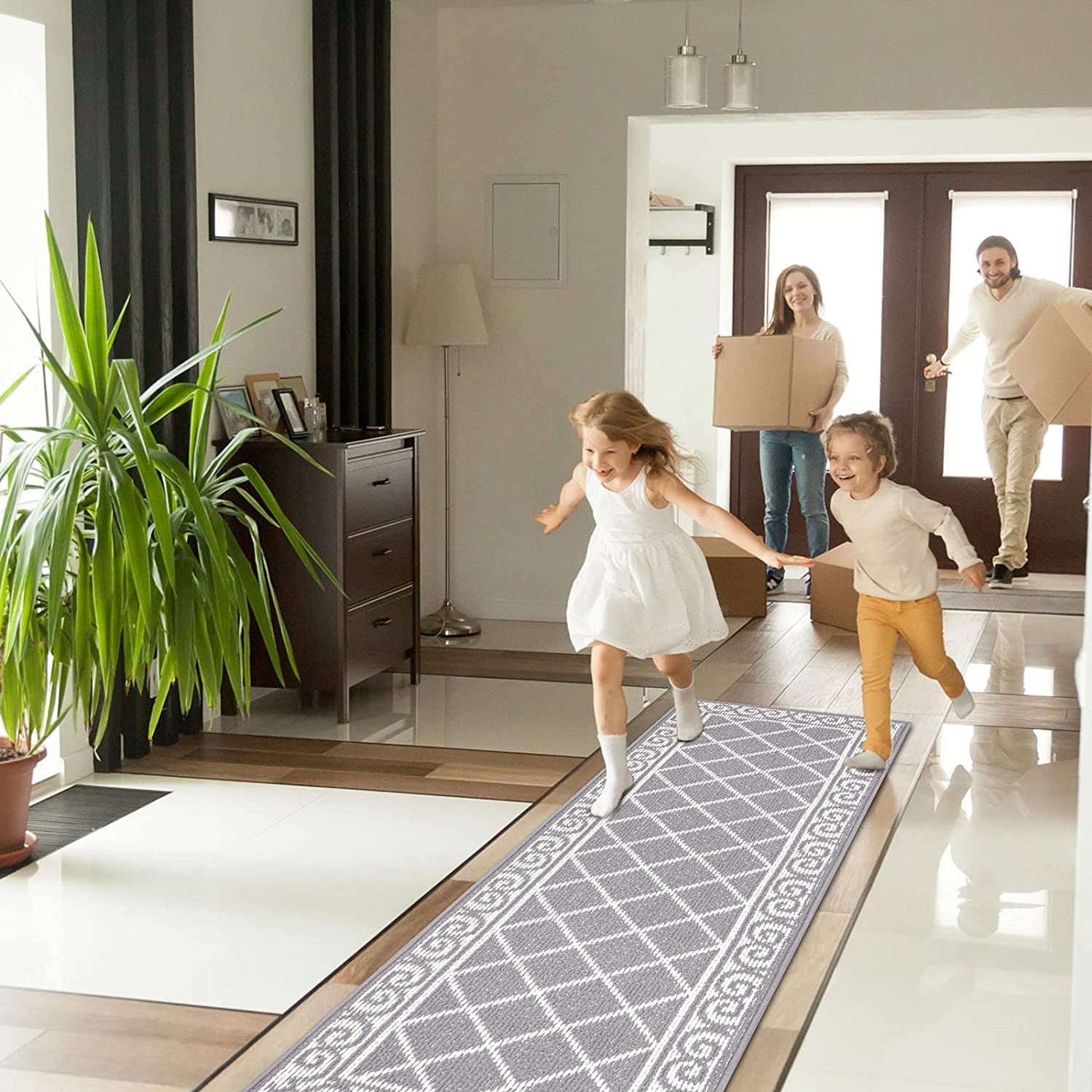 Moroccan Geometric Textured Runner Rug Kitchen Rugs with Non-Slip Backing Machine Washable Durable for Hallway Living Room Laundry (Grey, 20"X60")