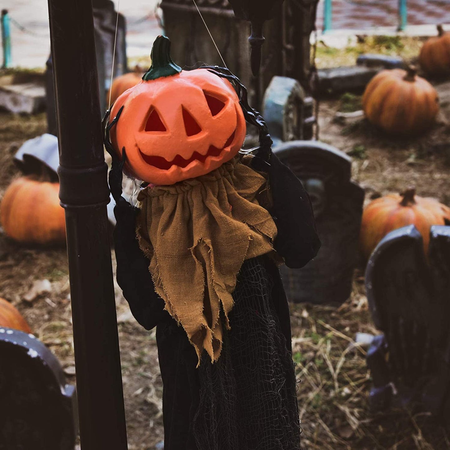 47.2" Halloween Hanging Pumpkin Ghost Animated Halloween Decorations with Sound & Light, Scary Creepy Spooky Props for Halloween Décor Outdoor, Haunted House