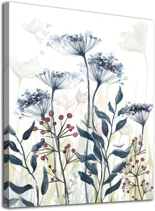 Flower Canvas Wall Art Indigo Floral Canvas Pictures Print for Bedroom Living Room Bathroom Wall Decor Watercolor Botanic Painting Artwork Wall Decoraion Framed Ready to Hang 12" X 16"