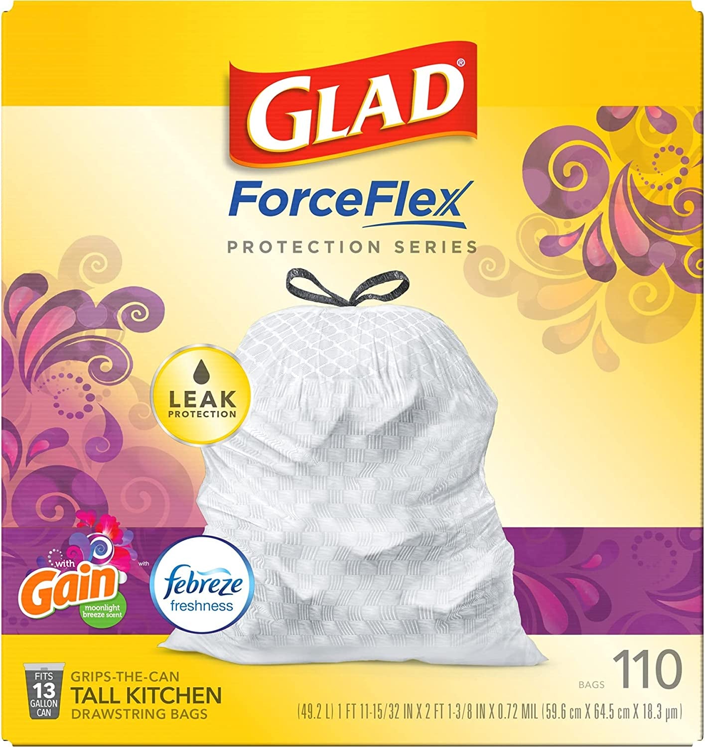 Trash & Food Storage Forceflex Protection Series Tall Trash Bags, 13 Gal, Gain Moonlight Breeze with Febreze, 110 Ct (Package May Vary)
