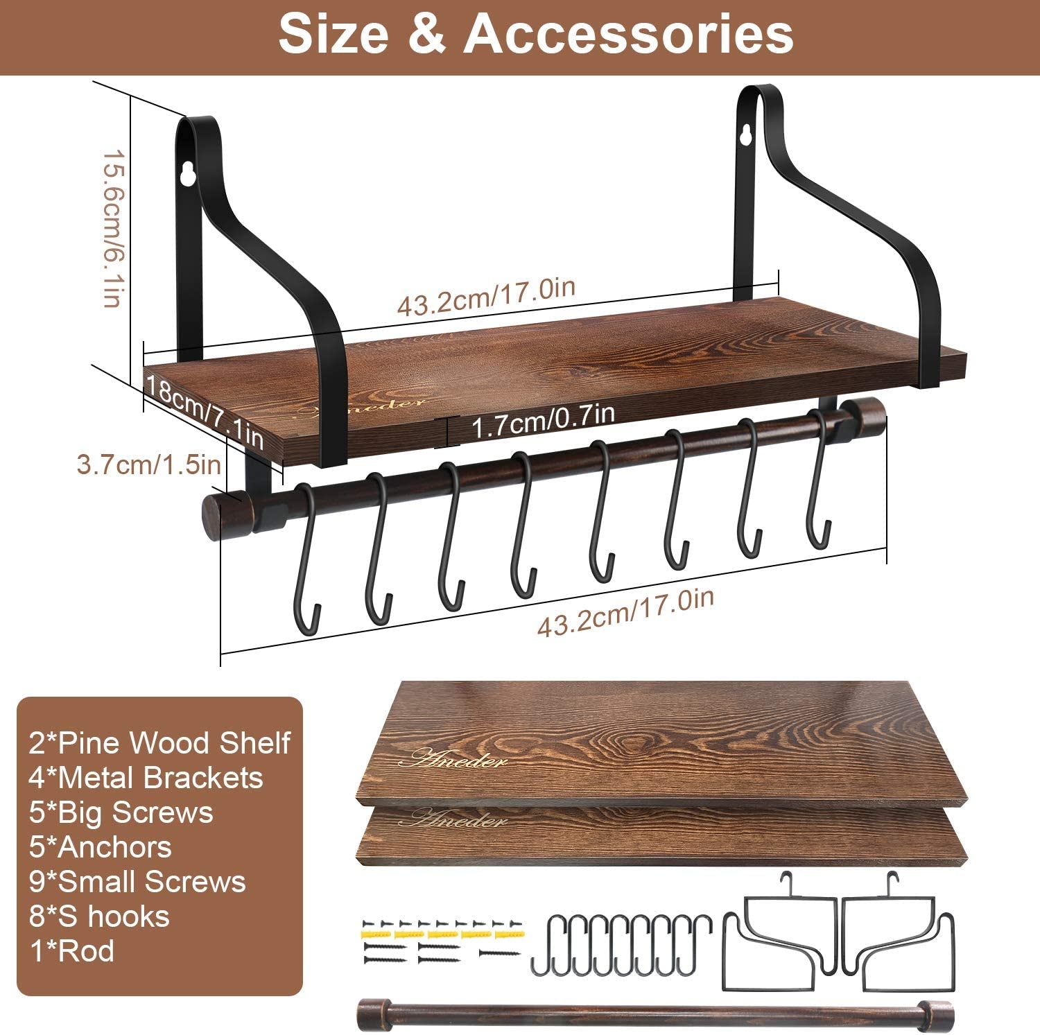 Wall Shelves for Kitchen Storage, Floating Shelves with Towel Bar & 8Pcs Removebal Hooks Floating Shelf for Wall Bathroom Bedroom Living Room Kitchen
