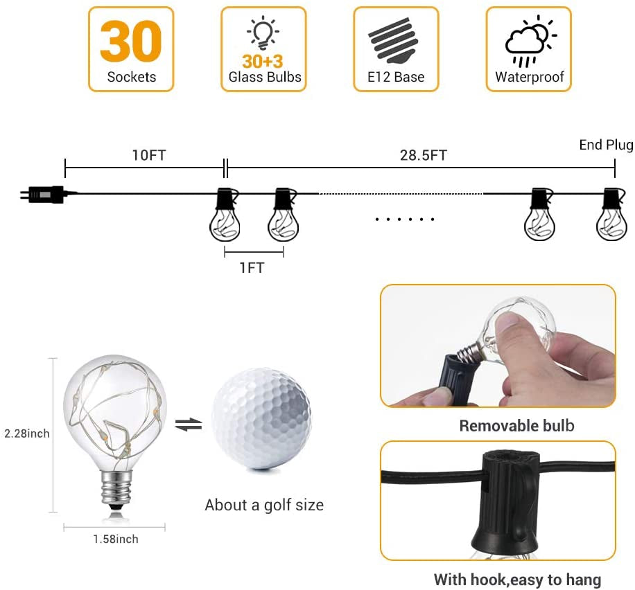 G40 LED Outdoor String Lights, 38.5Ft UL Approval IP65 Waterproof, 30+3 0.1W per Bulbs Energy Saving, outside Decorative Lighting Hanging for Patio Porch Garden Bistro Cafe Party Wedding