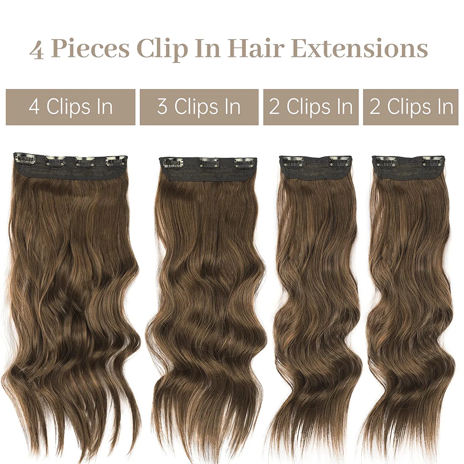 4PCS Clip in Long Soft Glam Waves Thick Hairpieces 20 Inches Chocolate Brown Hair Extensions Synthetic Fiber Double Weft Hair for Women Full Head