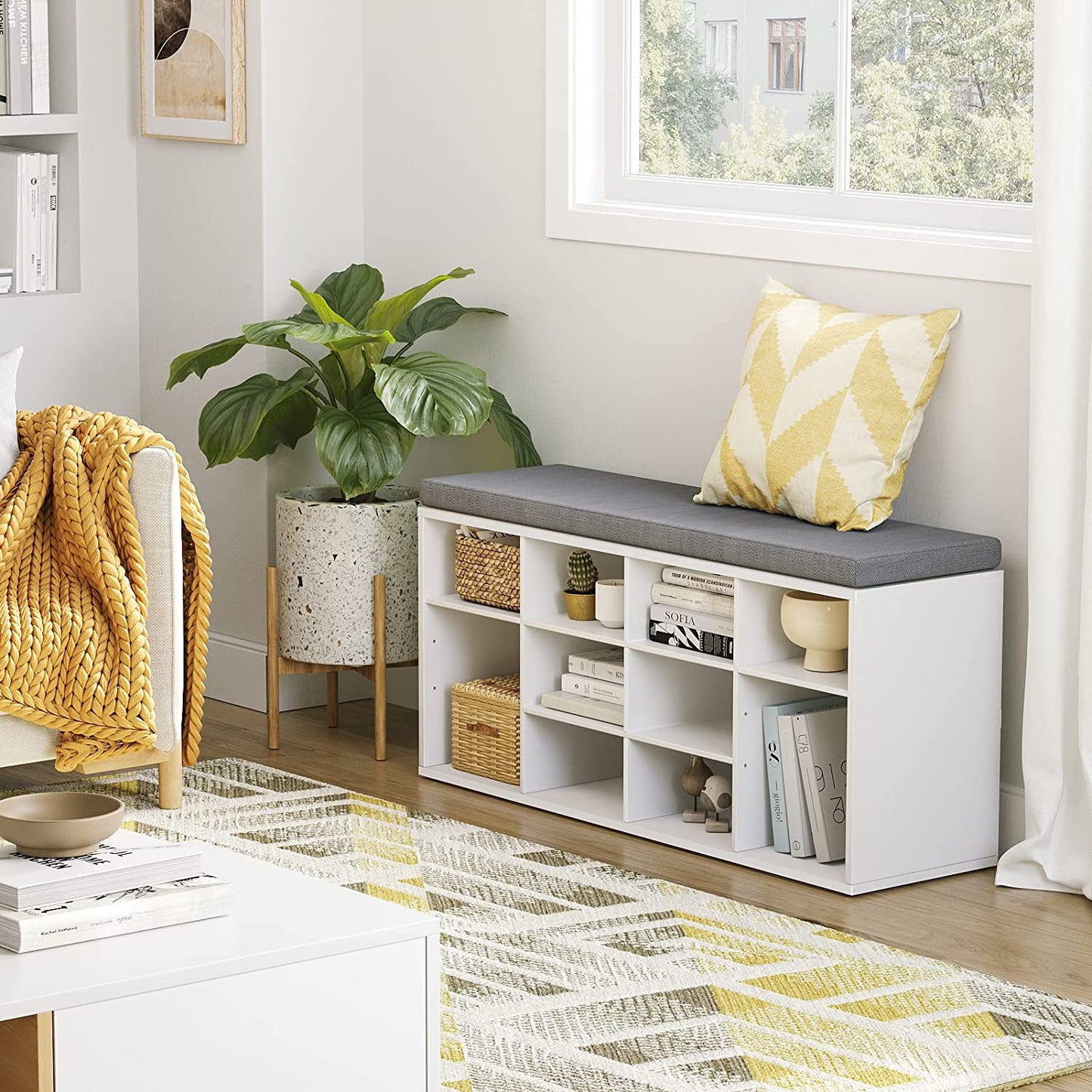 Shoe Storage Bench with Cushion, Cubby Shoe Rack with 12 Cubbies, Adjustable Shelves, Multifunctional Shoe Organizer Bench for Entryway, Mudroom, Hallway, Closet and Garage, White