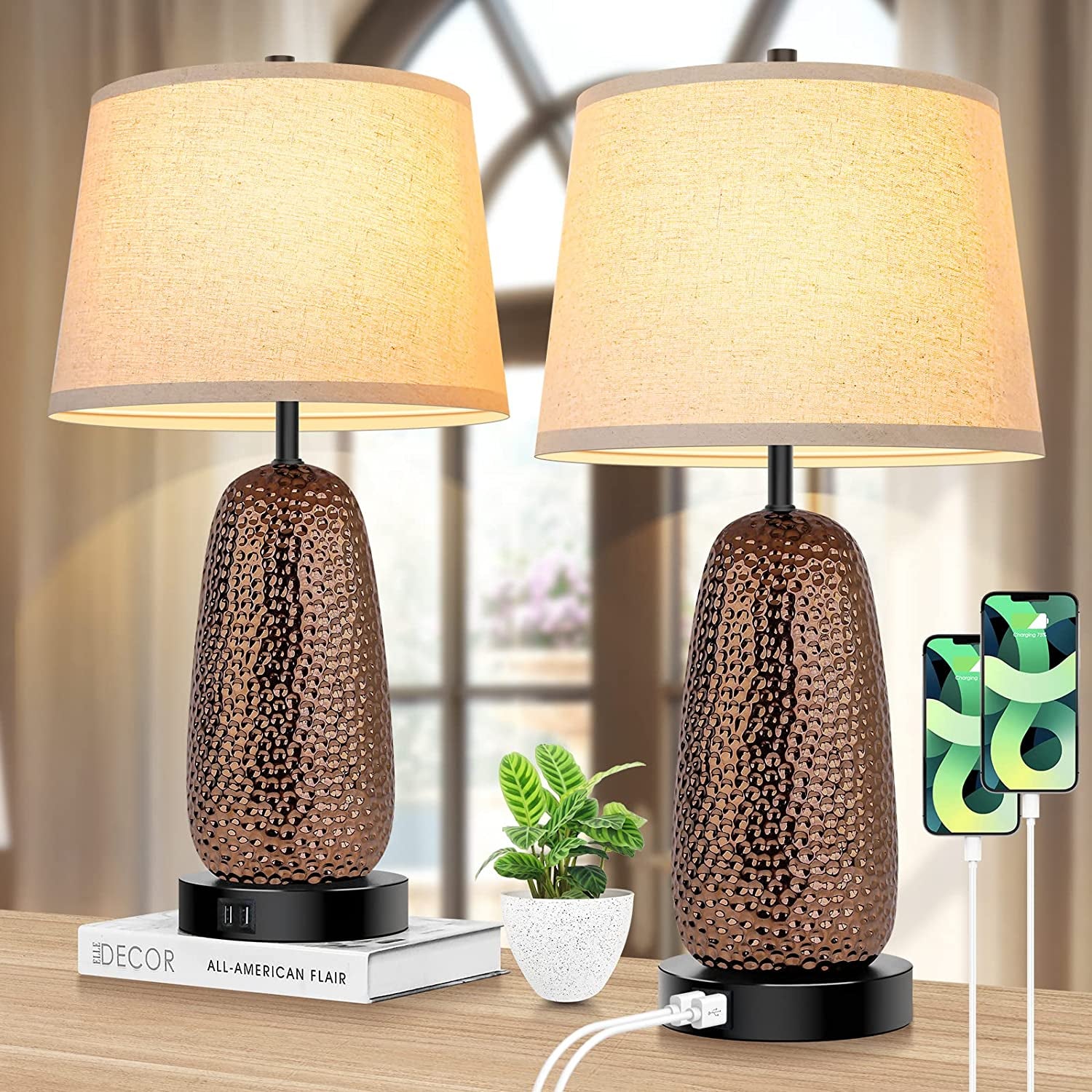 Touch Control Table Lamps Set of 2-3-Way Dimmable Ceramic Nightstand Lamps with 2 USB Ports, Modern Bedside Desk Light with Beige Drum Shade for Bedroom Living Room Reading, A19 LED Bulbs Included