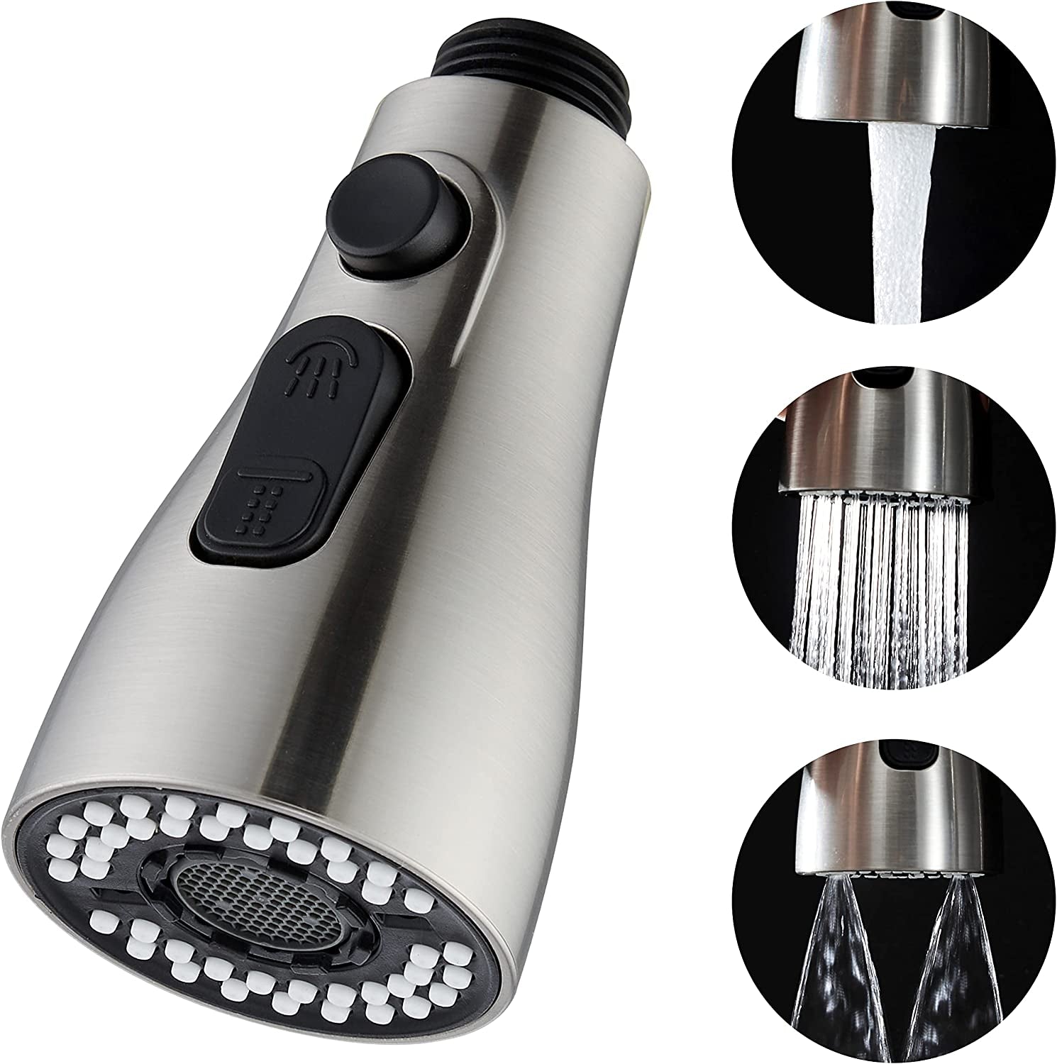 Kitchen Faucet Sprayer Head Replacement - Pull down Faucet Spray Head, Pull Out Faucet Sprayer Nozzle, 3 Function Kitchen Tap Spray Spout Part, Only for G1/2 Connector, Brushed Nickel