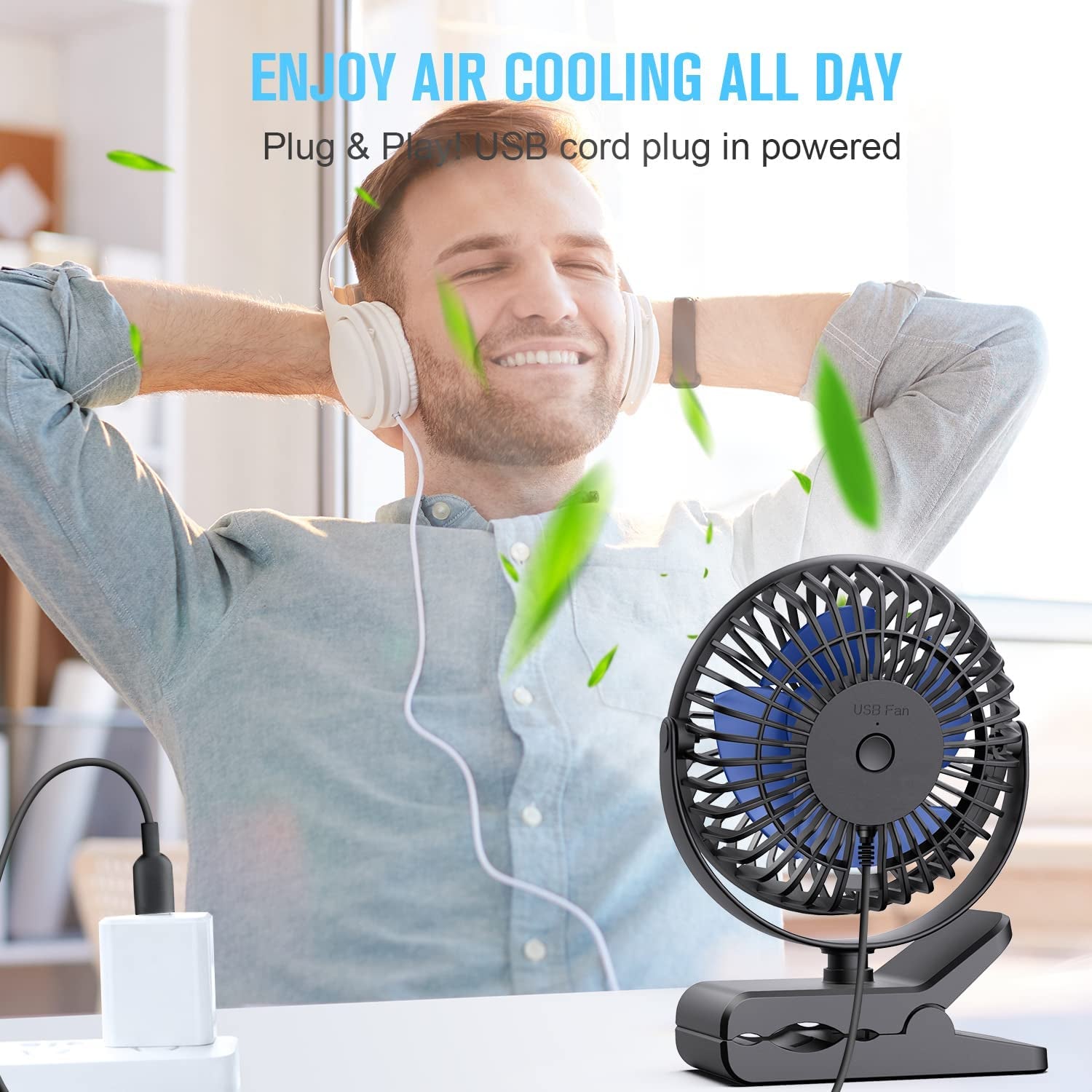 USB Powered Clip on Fan, 6 Inch Portable Fan with Cord, 3 Speeds Strong Airflow, Small Fan with Sturdy Clamp, Quiet Personal Desk Fan & Clip Fan