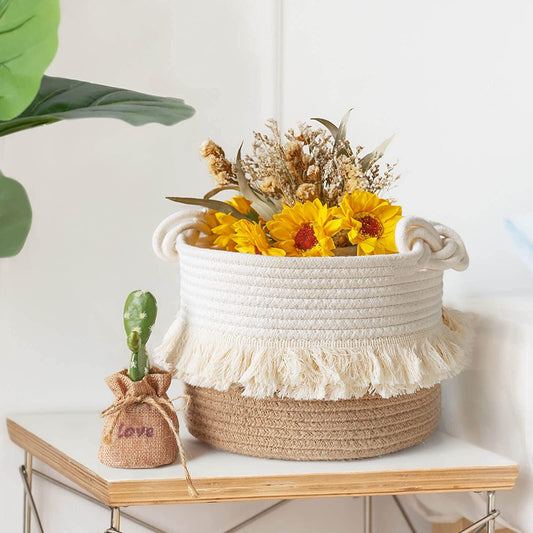 Small Woven Storage Baskets Cotton and Jute Rope Decorative Hamper for Diaper, Blankets, Magazine and Keys, Cute Tassel Nursery Decor - Home Storage Container – 9.5'' X 7''