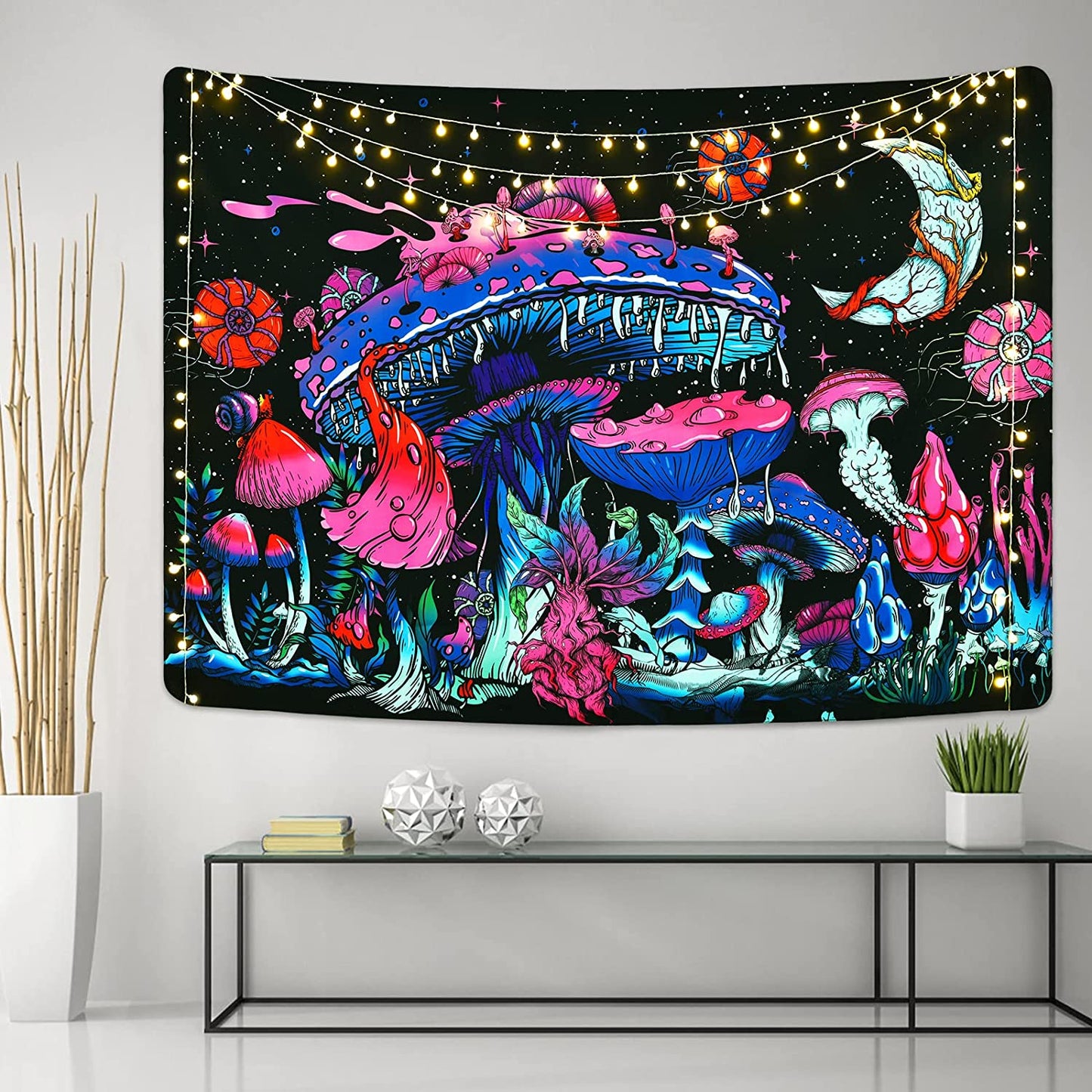 Mushroom Tapestry Moon and Stars Tapestries Plants Tapestry Starry Night Sky Tapestry Monster Tapestry Wall Hanging for Room (51.2 × 59.1 Inches)