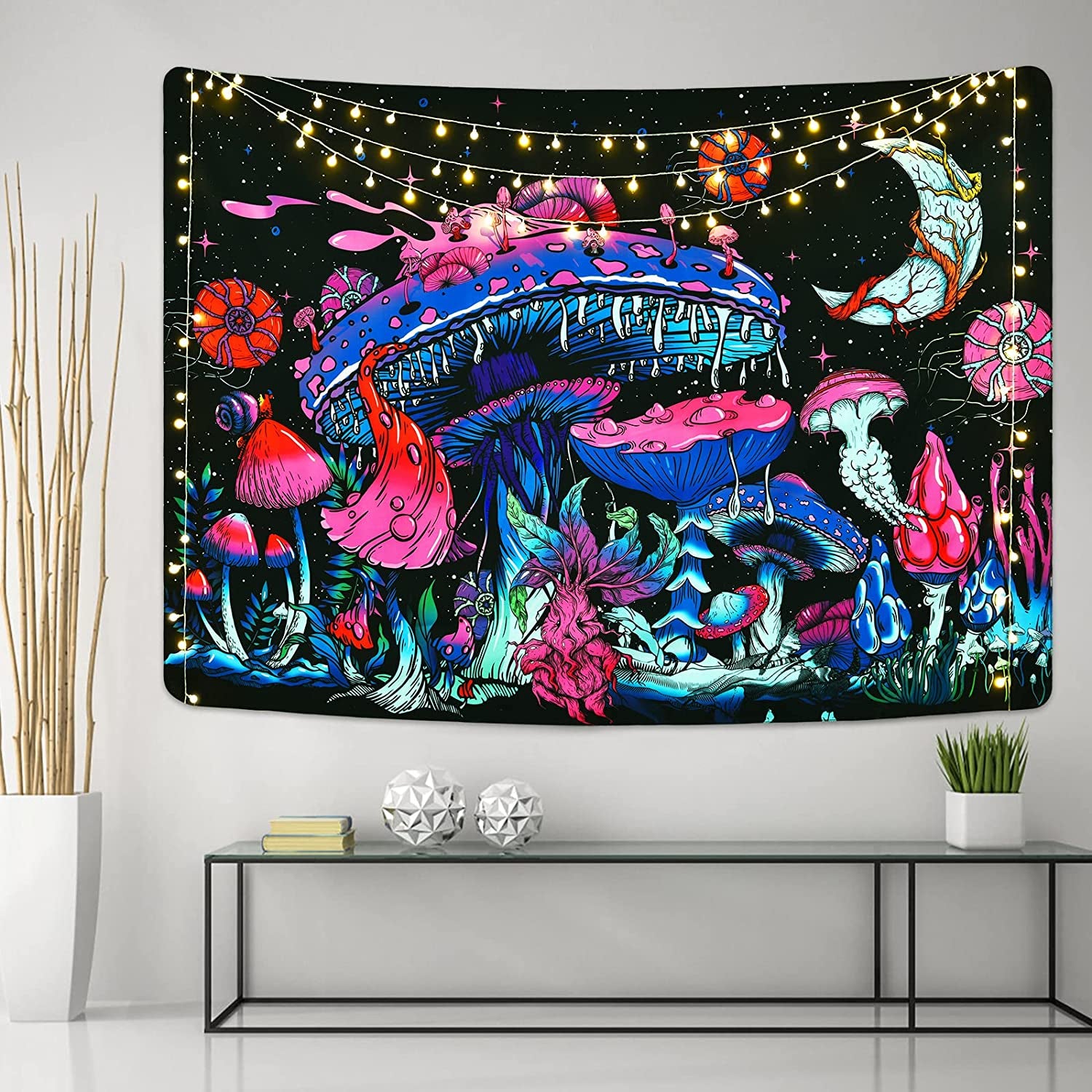 Mushroom Tapestry Moon and Stars Tapestries Plants Tapestry Starry Night Sky Tapestry Monster Tapestry Wall Hanging for Room (51.2 × 59.1 Inches)