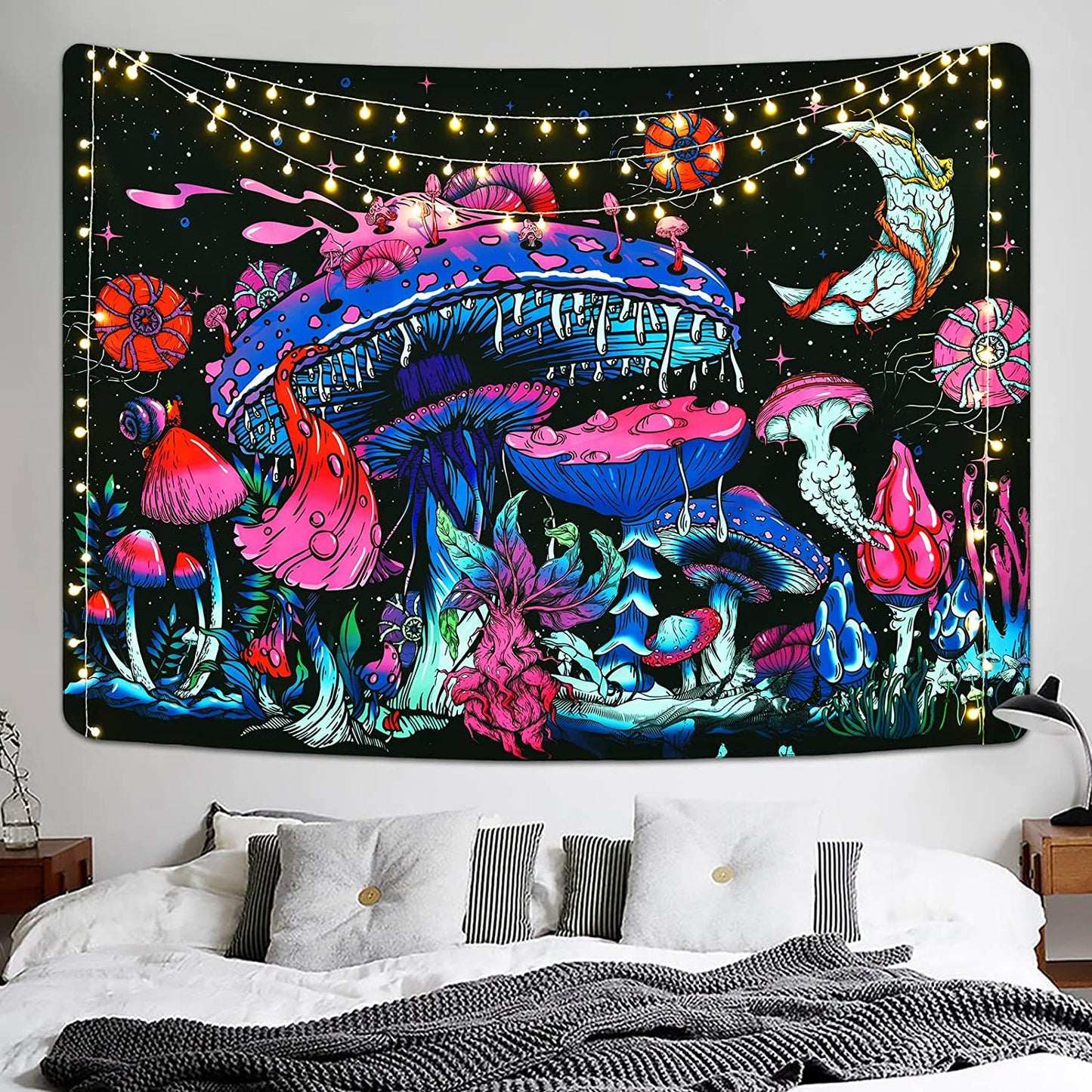 Mushroom Tapestry Moon and Stars Tapestries Plants Tapestry Starry Night Sky Tapestry Monster Tapestry Wall Hanging for Room (51.2 × 59.1 Inches)