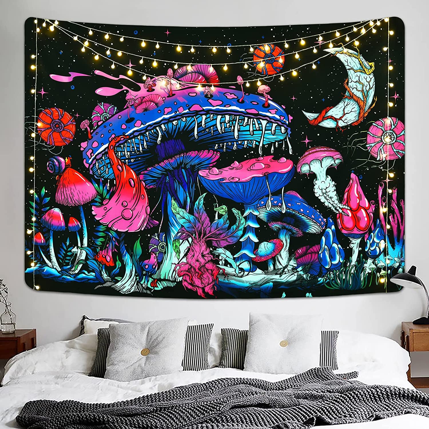 Mushroom Tapestry Moon and Stars Tapestries Plants Tapestry Starry Night Sky Tapestry Monster Tapestry Wall Hanging for Room (51.2 × 59.1 Inches)