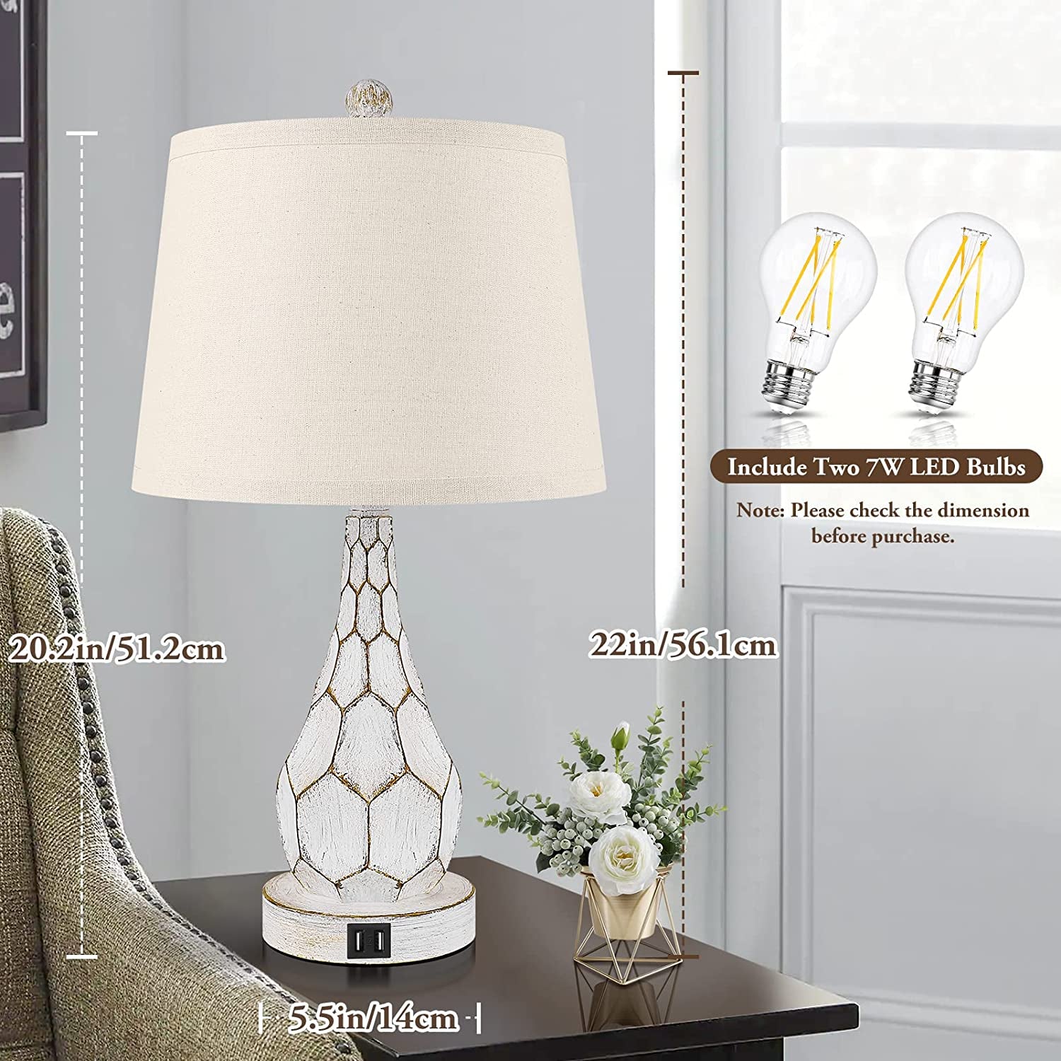 Rustic Dimmable Touch Table Lamps Set of 2 Retro Bedside Lamps with 2 USB Charging Ports 3-Way Dimmable Nightstand Lamps for Bedroom Living Room Office Vintage Desk Lamps with Fabric Shade & LED Bulbs
