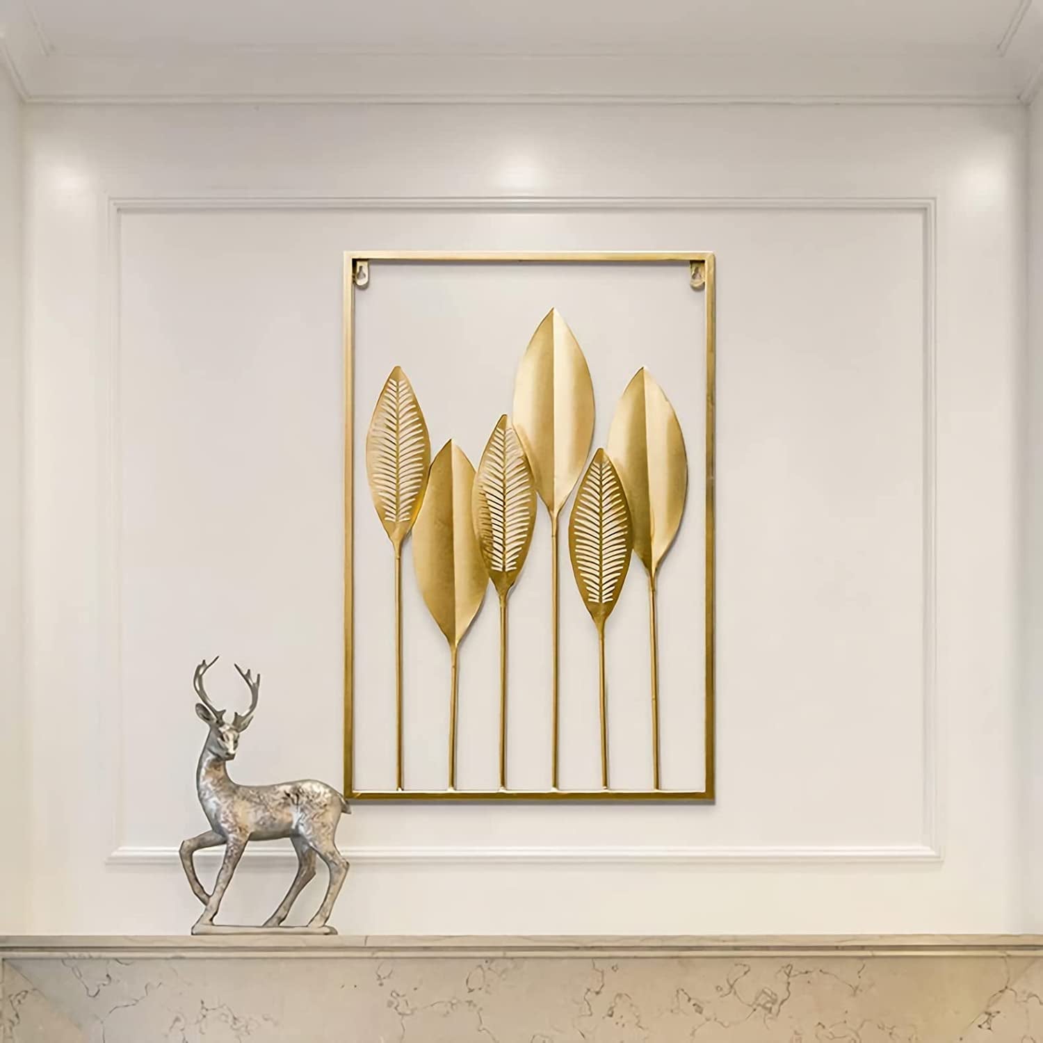 Gold Leaf Wall Decor 2 Piece Art Golden Metal Leaves Home Decorations Living Room Large Hangings Cutout Sculptures Accent Two Decorative Bathroom Modern Bedroom Iron over Couch (2P)