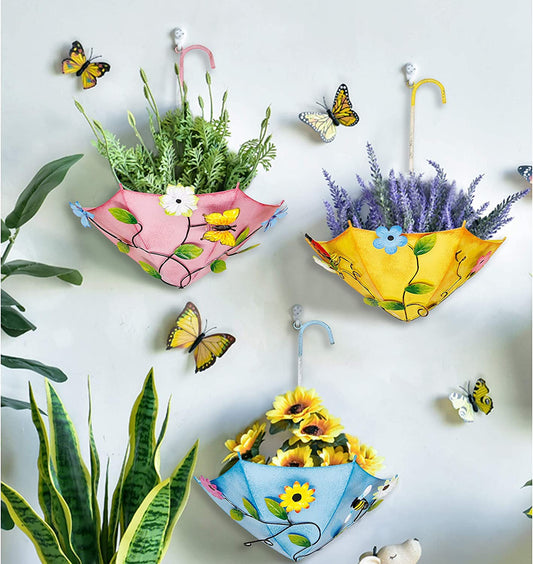 3 Pack Metal Umbrella Hanging Planter Wall Decor, Inspirational Plant Hanger Wall Art Indoor Outdoor for Home Bedroom Living Room Office Garden, 12.6 Inches