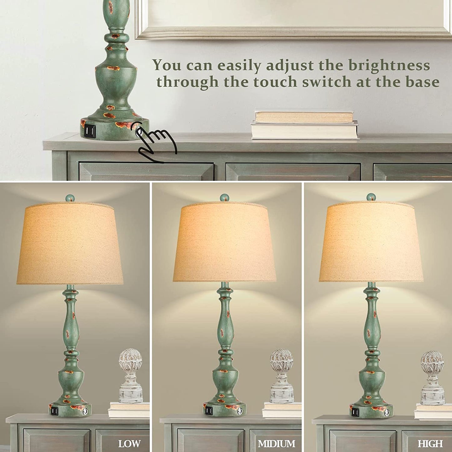 Farmhouse Lamp for Living Room Set of 2 Rustic Table Lamps 3 Way Dimmable Bedside Nightstand Lamp for Bedroom with 2 USB Port and One Outlet,Bulb Included