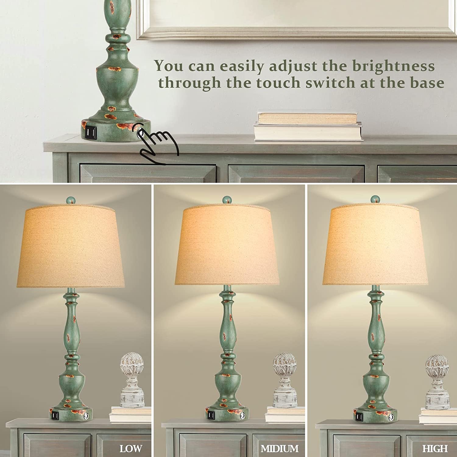Farmhouse Lamp for Living Room Set of 2 Rustic Table Lamps 3 Way Dimmable Bedside Nightstand Lamp for Bedroom with 2 USB Port and One Outlet,Bulb Included