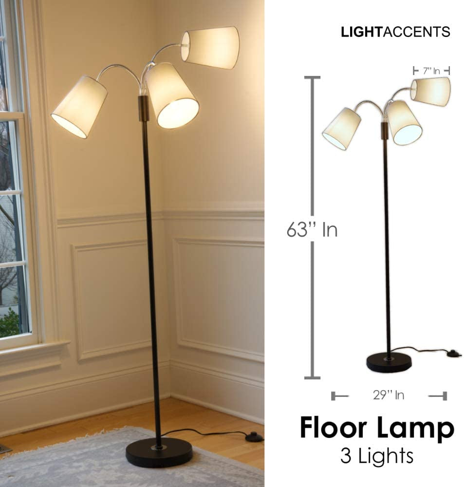 Multi Head Floor Lamp - 3 Light Adjustable Floor Lamp - Standing Lamp with 3 Adjustable White Fabric Drum Shades (Black)