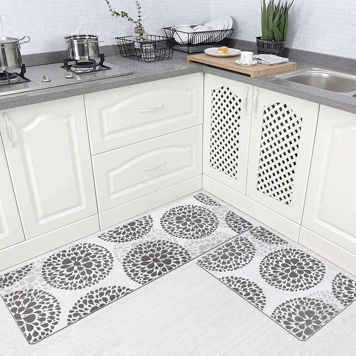 Kitchen Rugs Set anti Fatigue Kitchen Floor Mat Easy to Clean 2Piece Non Slip Comfort PVC Leather Heavy Duty Standing Mats Indoor Outdoor (Grey Drop)