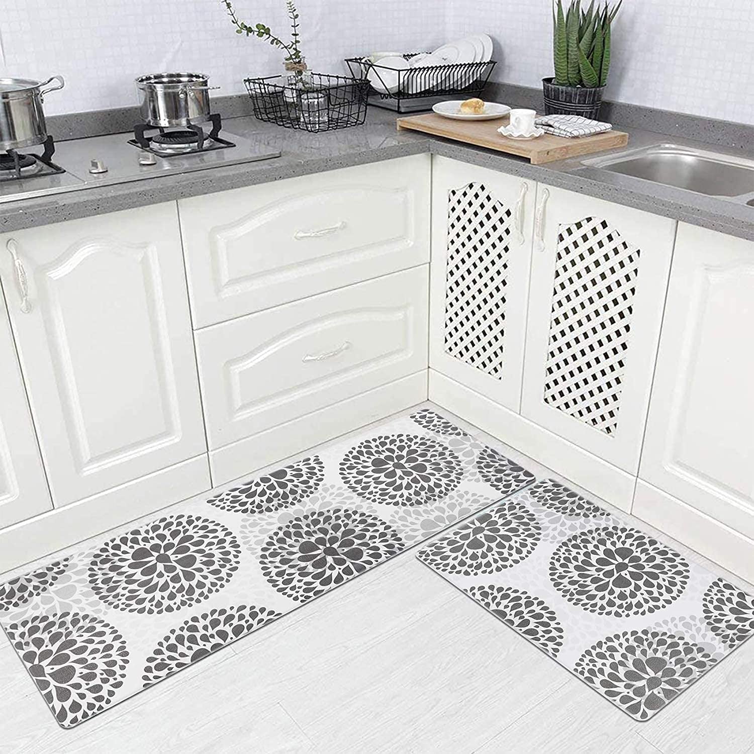 Kitchen Rugs Set anti Fatigue Kitchen Floor Mat Easy to Clean 2Piece Non Slip Comfort PVC Leather Heavy Duty Standing Mats Indoor Outdoor (Grey Drop)