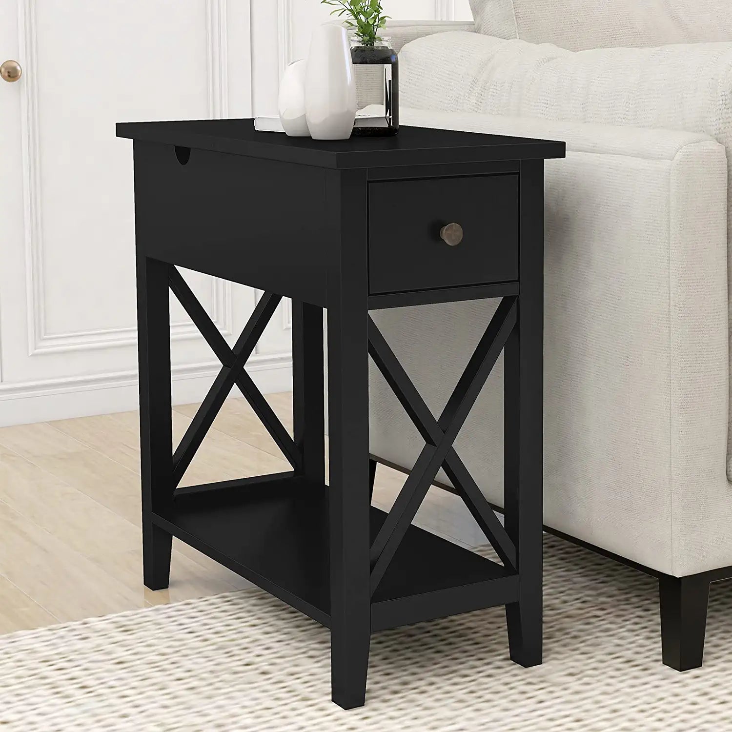 Flip Top Open End Table, Narrow Side Table Slim End Table for Living Room Bedroom, Black