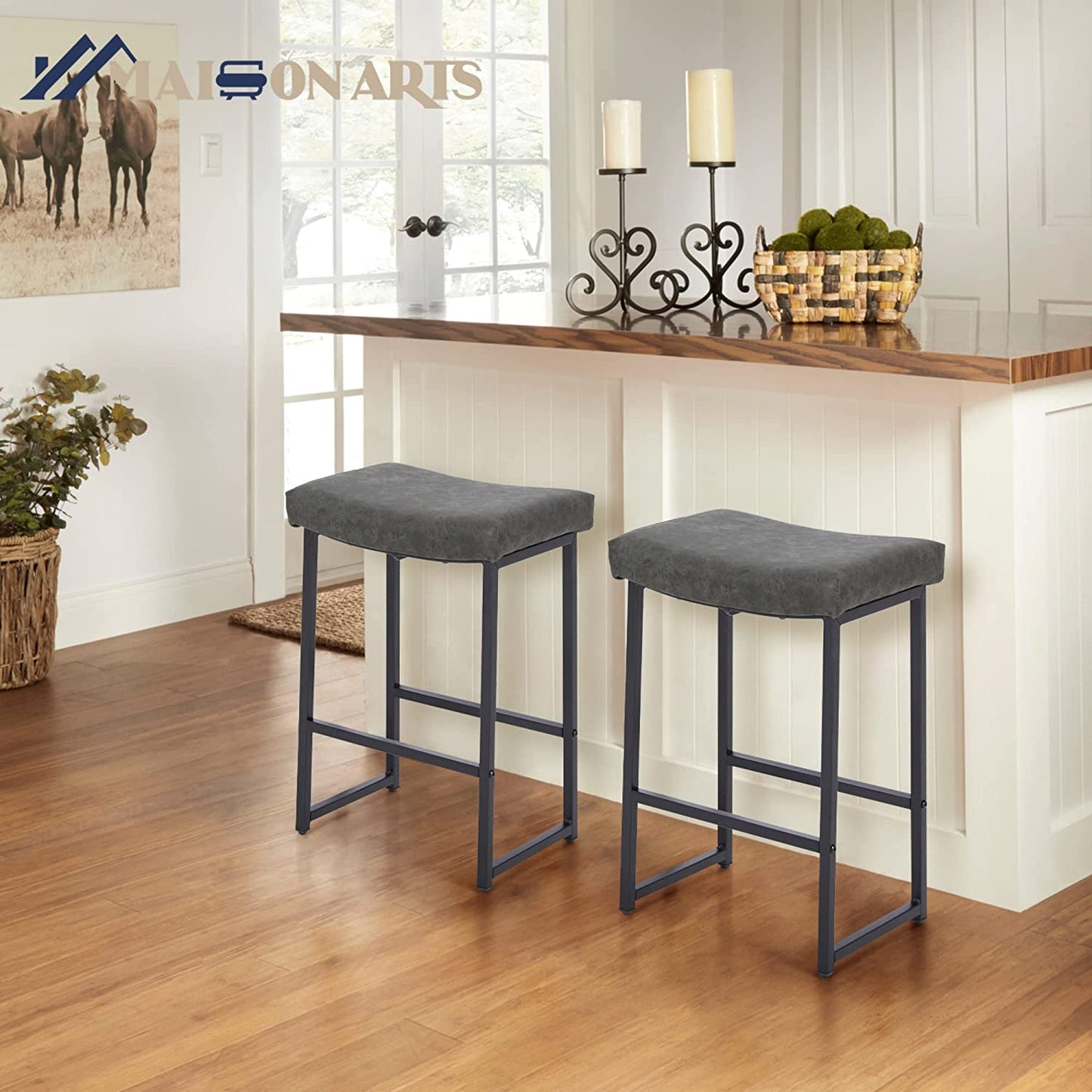 Grey Bar Stools Set of 2 Counter Height 24 Inches Saddle Stools for Kitchen Counter Backless Modern Barstools Upholstered Faux Leather Stools Farmhouse Island Chairs, Grey, 2Pcs
