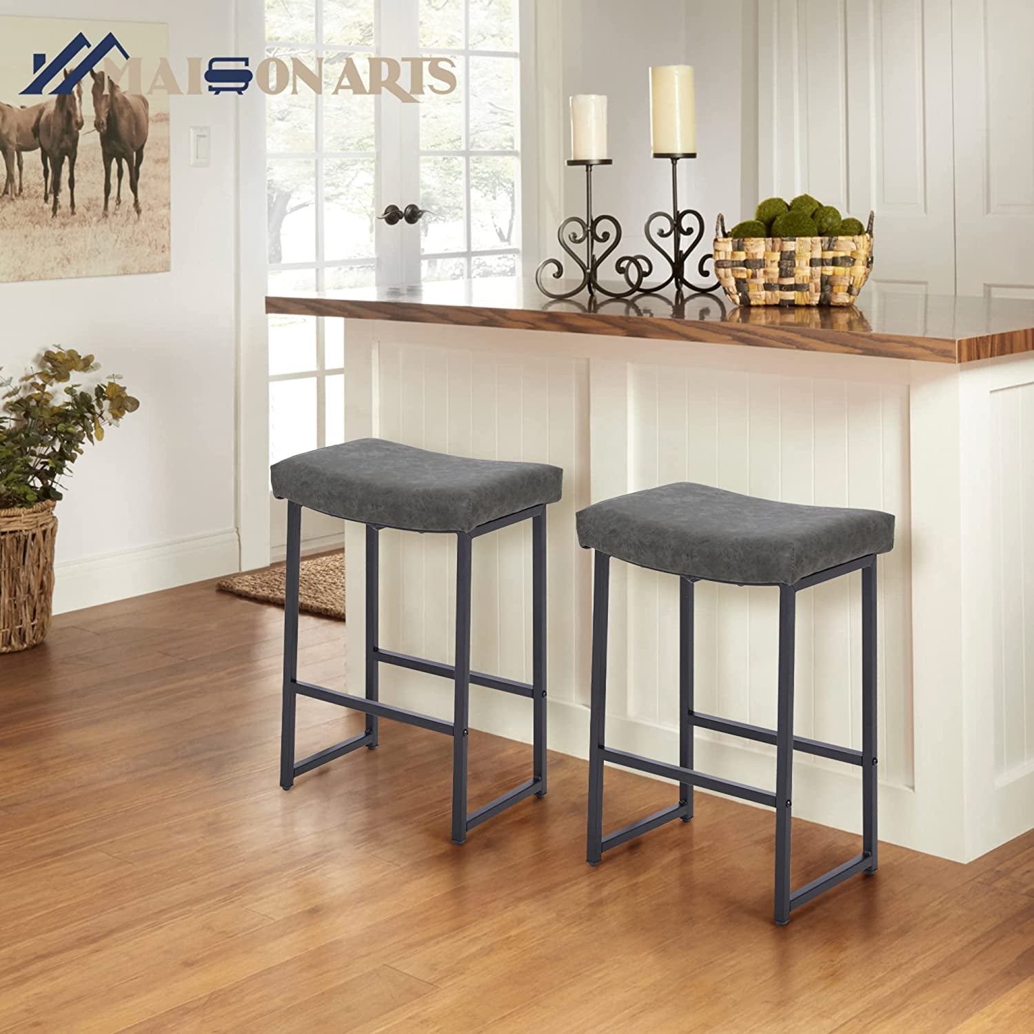 Grey Bar Stools Set of 2 Counter Height 24 Inches Saddle Stools for Kitchen Counter Backless Modern Barstools Upholstered Faux Leather Stools Farmhouse Island Chairs, Grey, 2Pcs