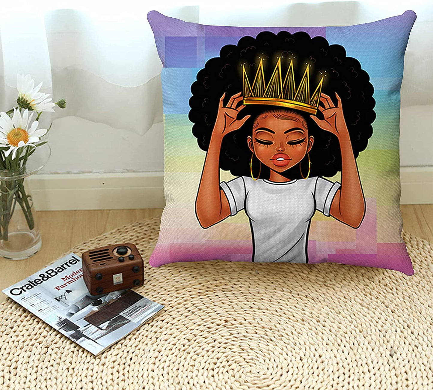 Plush Pillow Cases Black Girl Magic Throw Pillow Covers for Girls,African American Women Girl with Crown Pillowcase,Afro Girls Black Queen Princess Cushion Cover Cases,Pink Colorful ,18 X 18 Inch