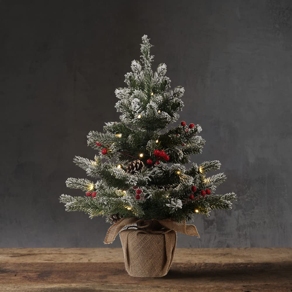 24 Inch 2 FT Pre-Lit Snowy Mini Christmas Tree, DESPAS Flocked Small Tabletop Christmas Tree with 20 LED Lights Red Berries Pine Cones and Cloth Bag Base Xmas Decorations for Holiday Party Home