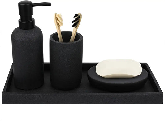 Bathroom Accessory Set-4 Pcs Complete Resin Bathroom Counter Vanity Accessories Sets Vanity Tray Lotion Dispenser/Soap Pump Toothbrush Holder Soap Dish-Matte Black Sandstone Modern Decor