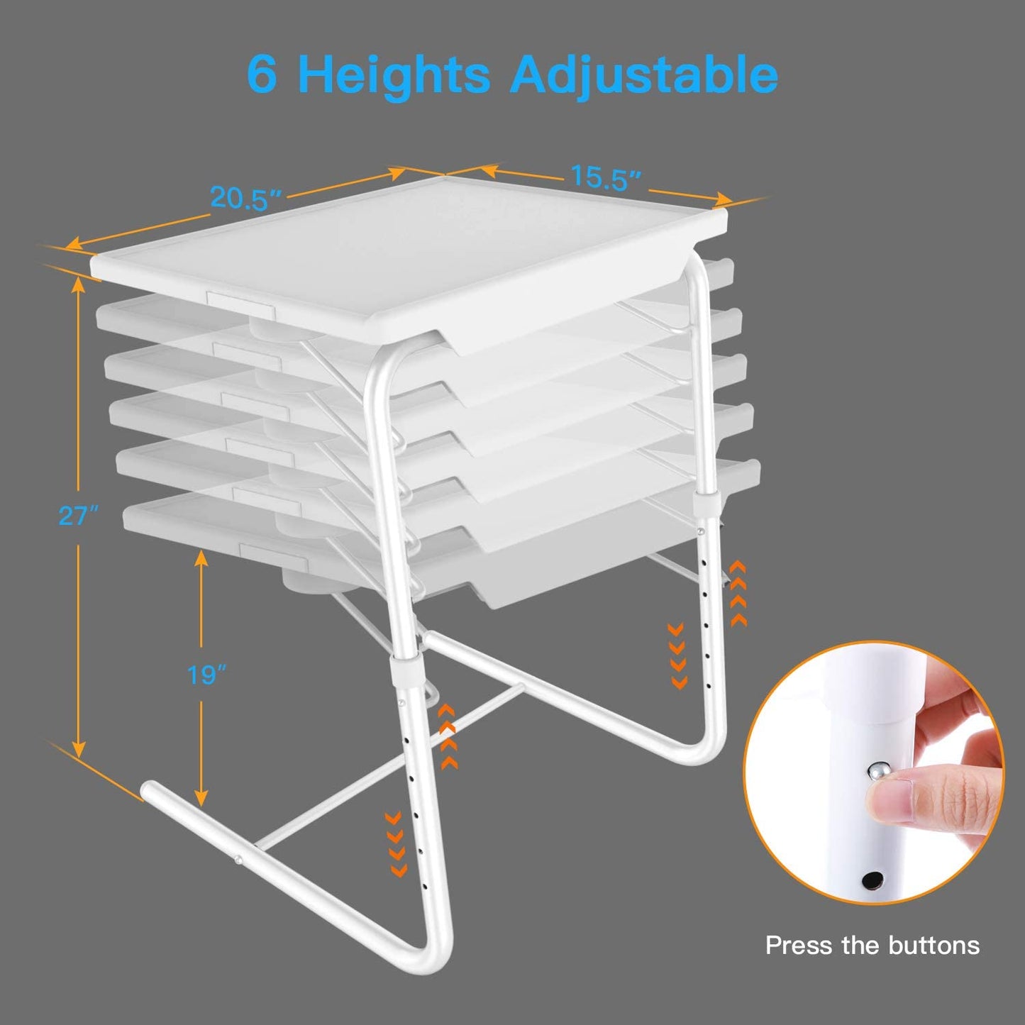 Adjustable TV Tray Table - TV Dinner Tray on Bed & Sofa, Comfortable Folding Table with 6 Height & 3 Tilt Angle Adjustments(White)