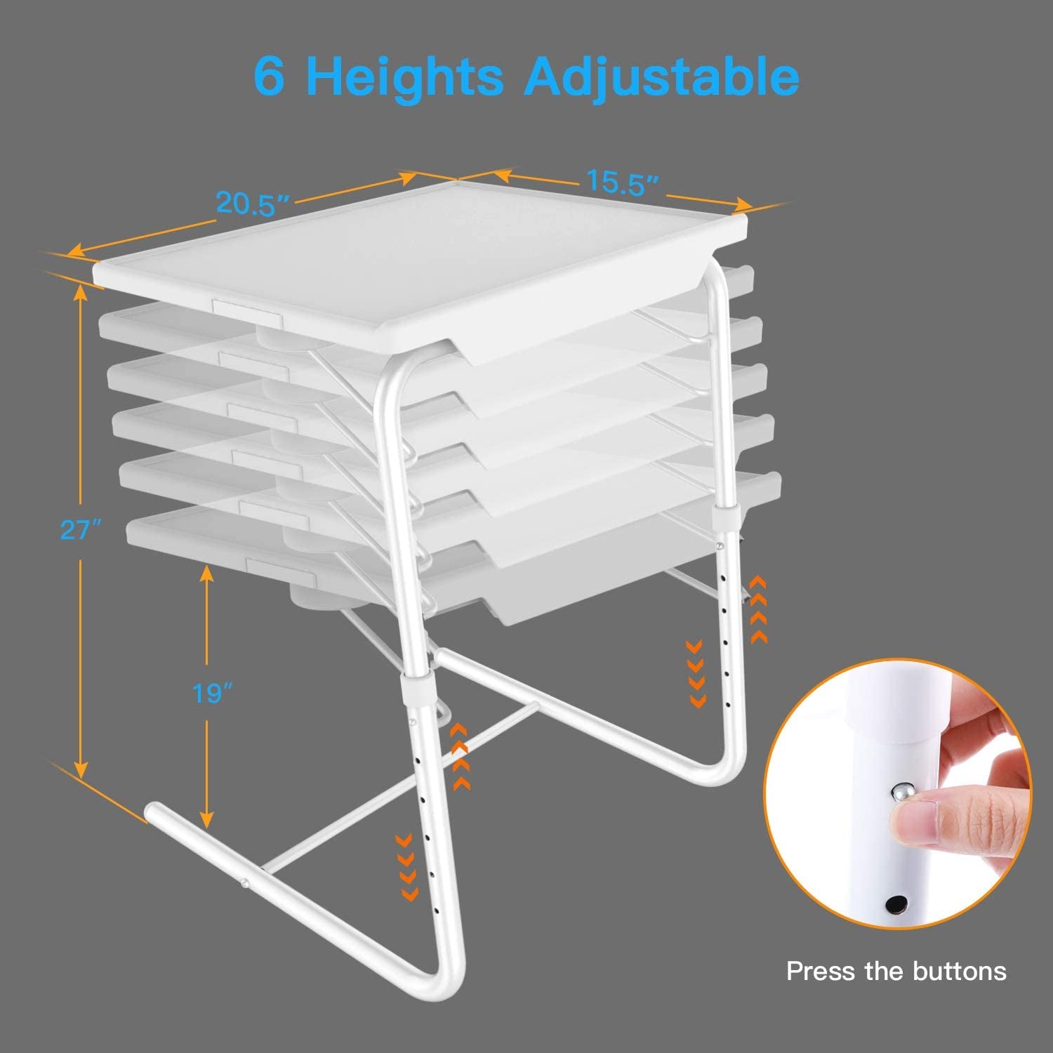 Adjustable TV Tray Table - TV Dinner Tray on Bed & Sofa, Comfortable Folding Table with 6 Height & 3 Tilt Angle Adjustments(White)