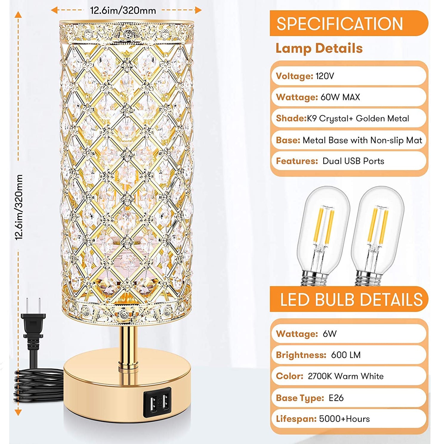Set of 2 Touch Control Crystal Table Lamps with 2 USB Ports, 3-Way Dimmable Bedside Nightstand Gold Lamps with Decorative Crystal, Small Table Lamps for Bedrooms Living Room, Led Bulbs Included