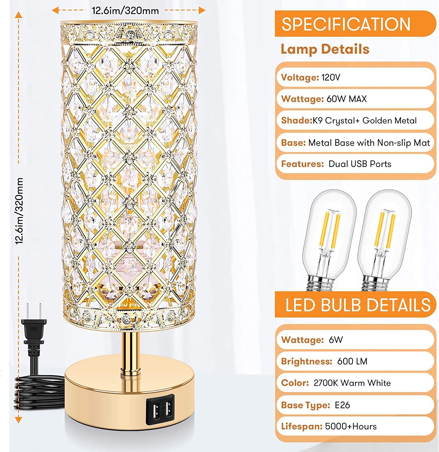 Set of 2 Touch Control Crystal Table Lamps with 2 USB Ports, 3-Way Dimmable Bedside Nightstand Gold Lamps with Decorative Crystal, Small Table Lamps for Bedrooms Living Room, Led Bulbs Included
