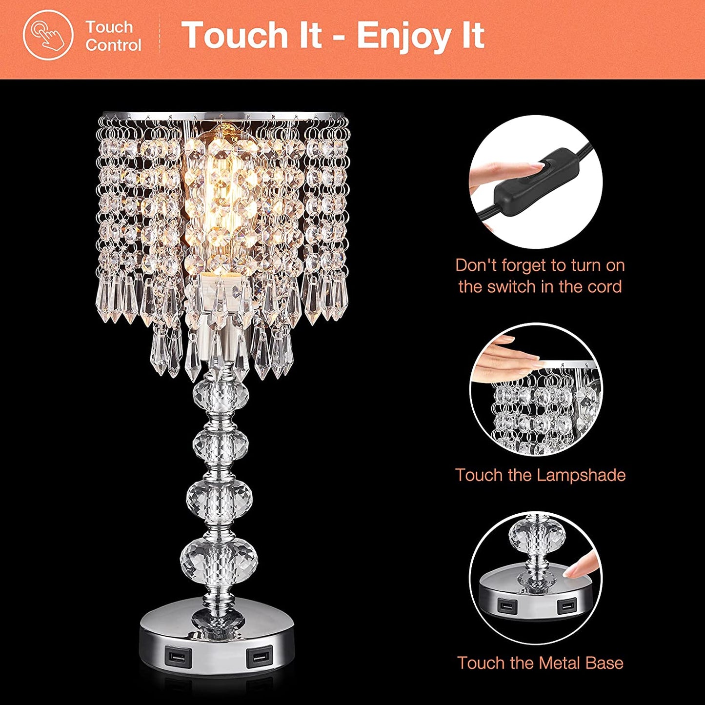Crystal Table Bedside Lamp Touch Control, 3-Way Dimmable and Bulb Included,  Medium Nightstand Lamp with 2 USB Charging Ports, Decorative Tabletop Lamp for Bedroom, Living Room and Guest Room