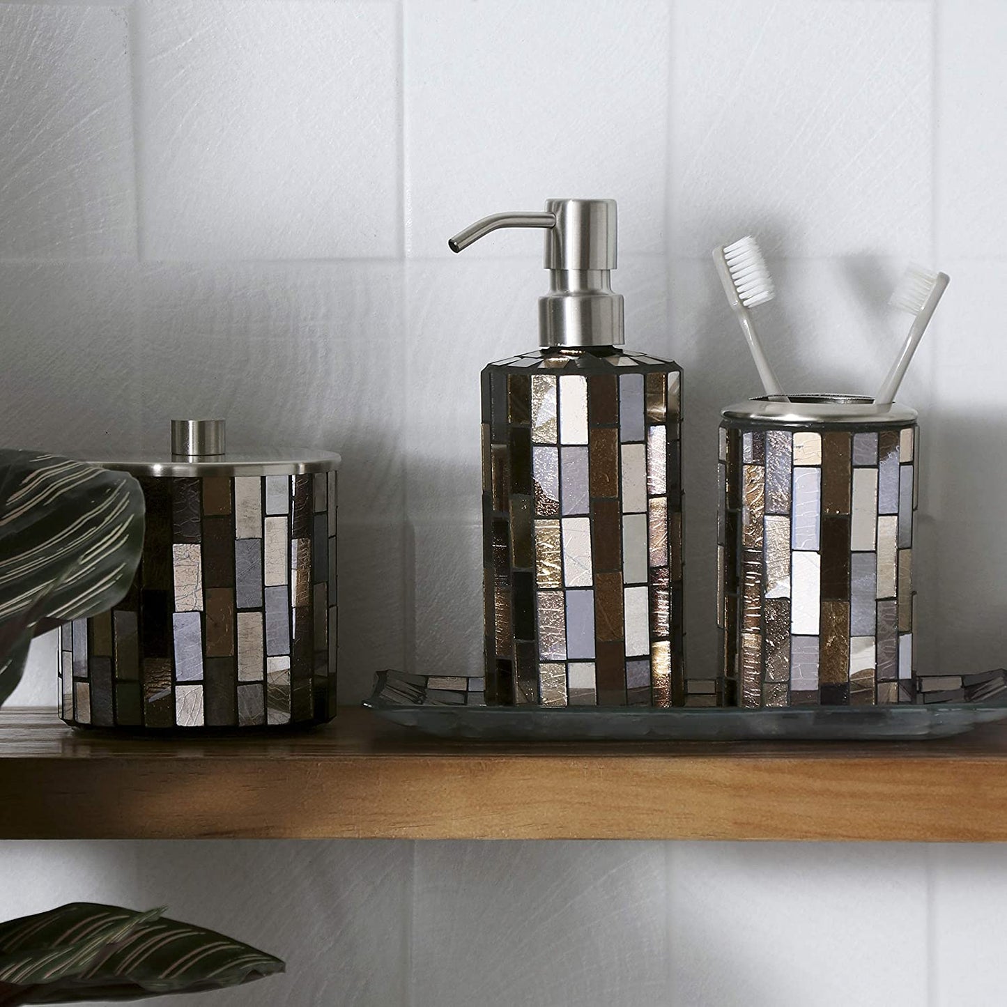 Decorative Glass Bathroom 4-Pcs Accessory Set | Soap Dispenser, Toothbrush Holder, Cotton Jar, Vanity Tray (Black/Gold)
