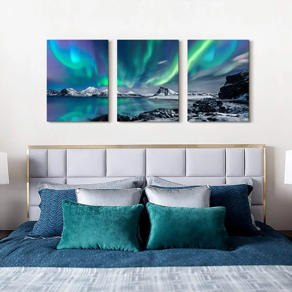 Farmhouse Wall Art Aurora Scenery Painting on Canvas Wall Decorations for Living Room Stretched and Framed Canvas Paintings 3 Piece Bedroom Bathroom Wall Decor Ready to Hang for Office Home Decor Art
