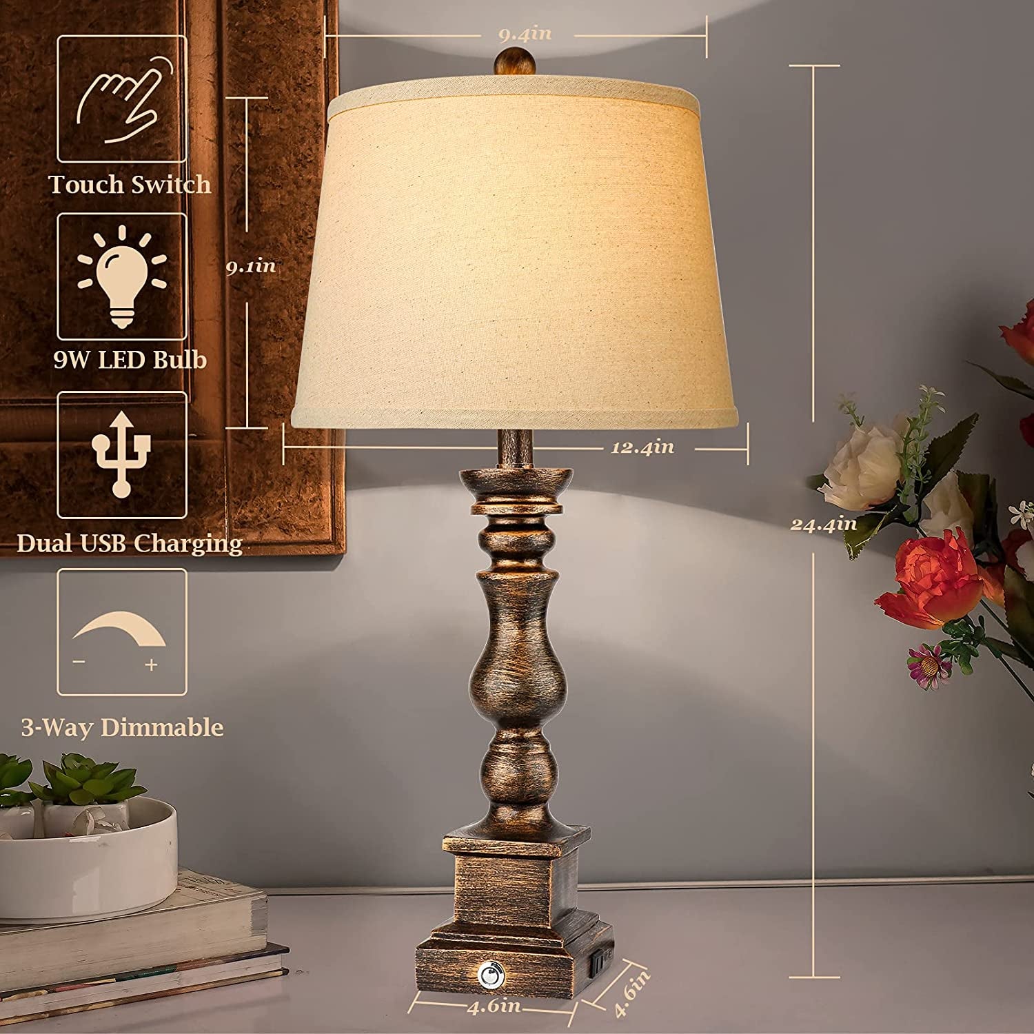 Touch Farmhouse Rustic Table Lamps Set of 2 for Living Room,3-Way Dimmable Resin Retro Bedside Nightstand Lamps Oatmeal Tapered Drum Shade for Bedroom with 2 USB Port and Outlet