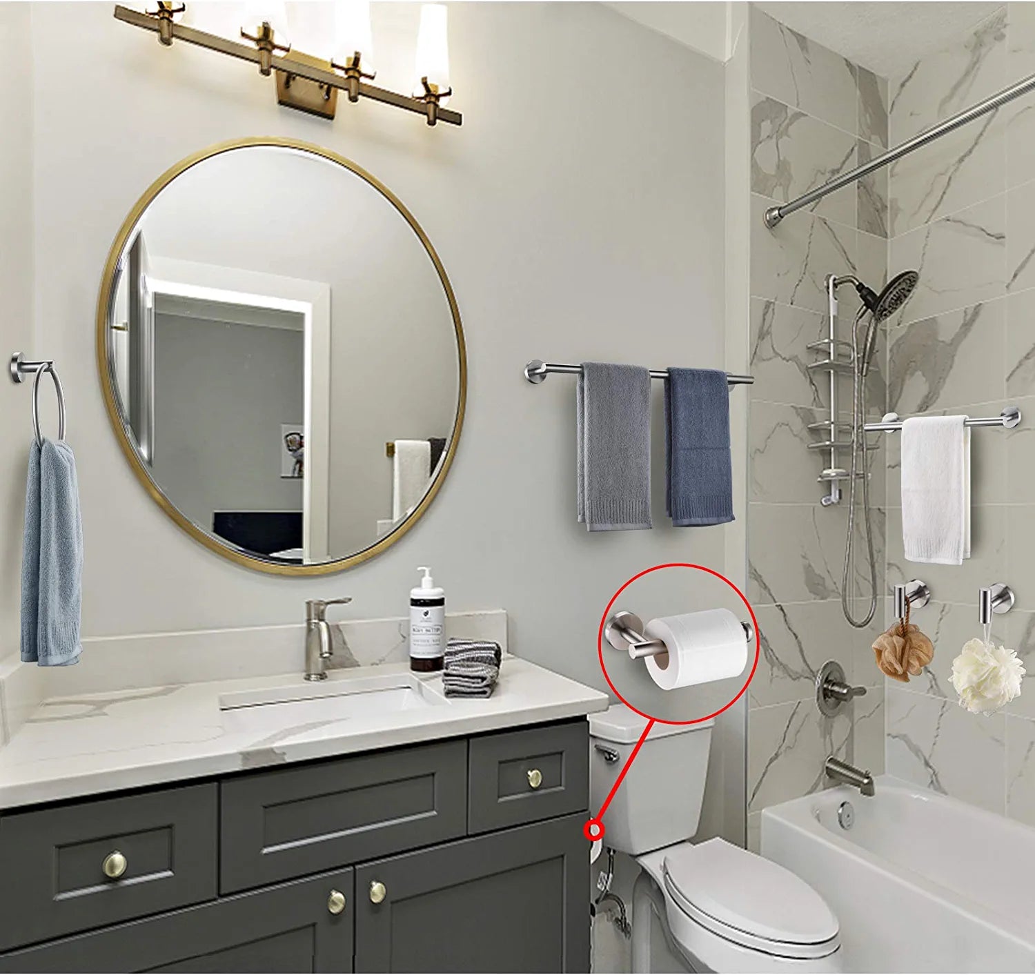6 Pieces Brushed Nickel Bathroom Hardware Accessories Set Hand Towel Ring 18&23.6 Inch round Towel Bar Silver Toilet Paper Holder Towel Hooks 2 Pieces SUS 304 Stainless Steel,Heavy Duty,Wall Mounted